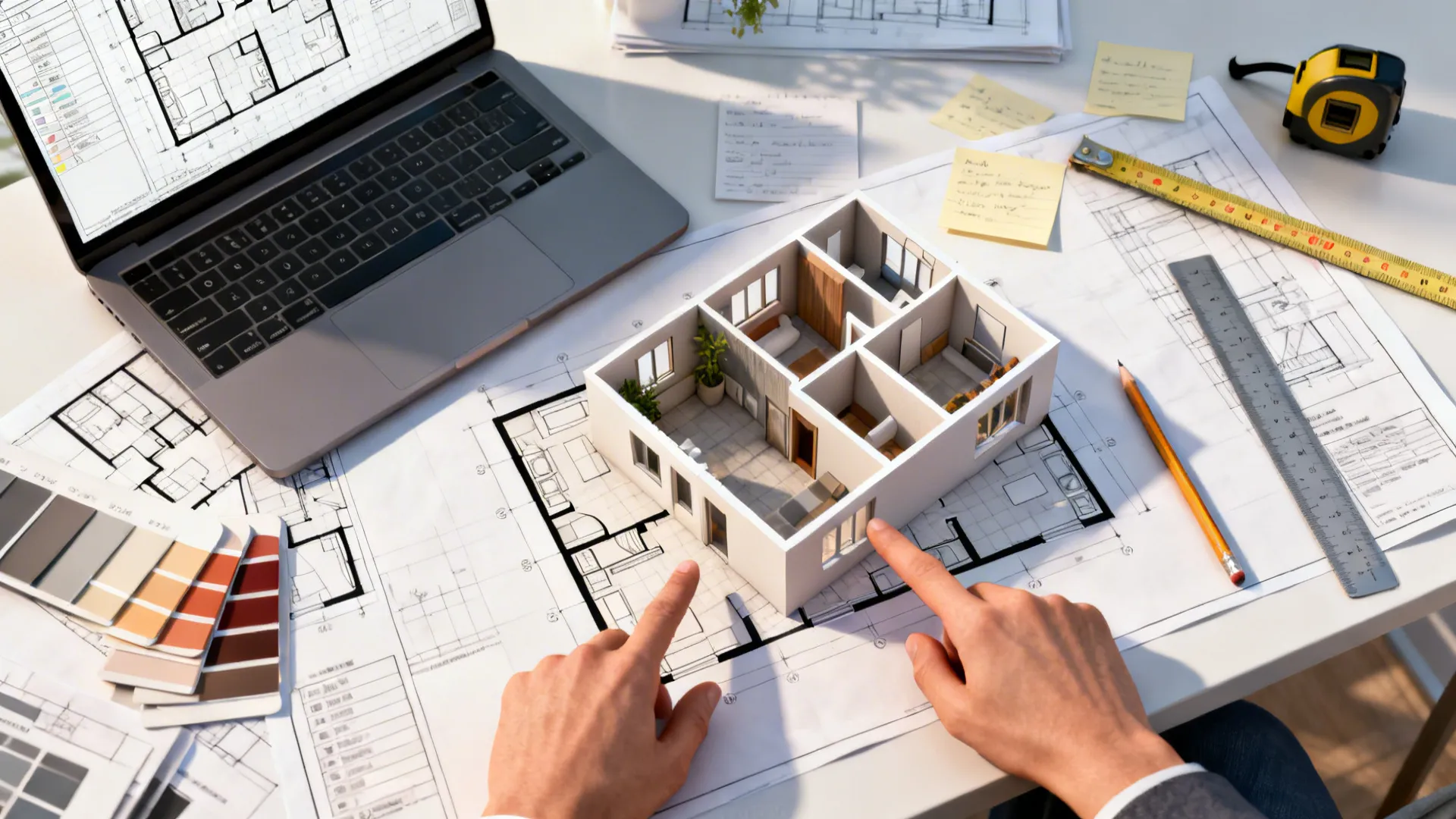 Top-down desk scene with floor plan mockups, 3D planner on laptop, and measurement tools