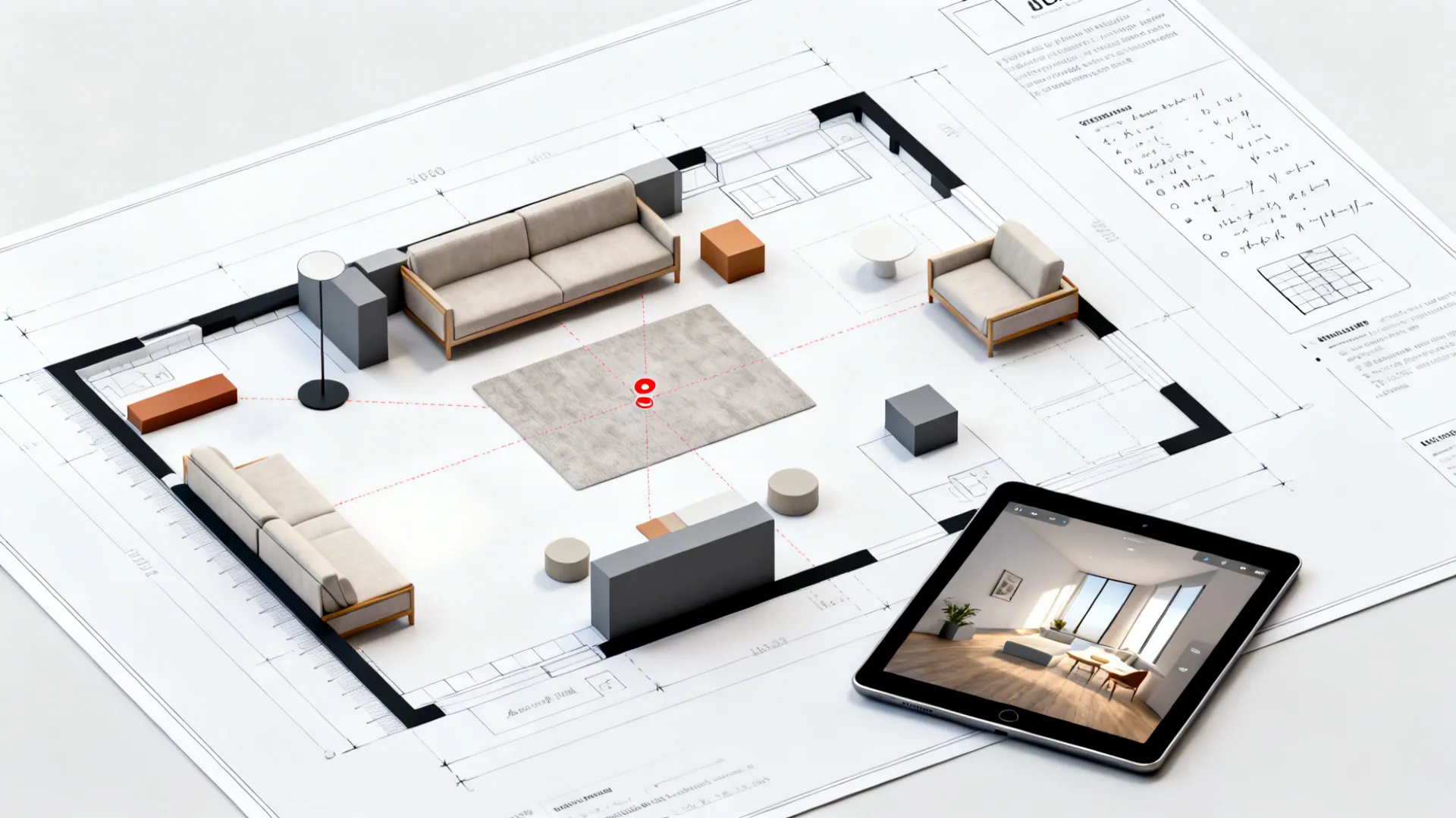 Top-down view of a digital floor plan tool with measured furniture blocks and a tablet preview.