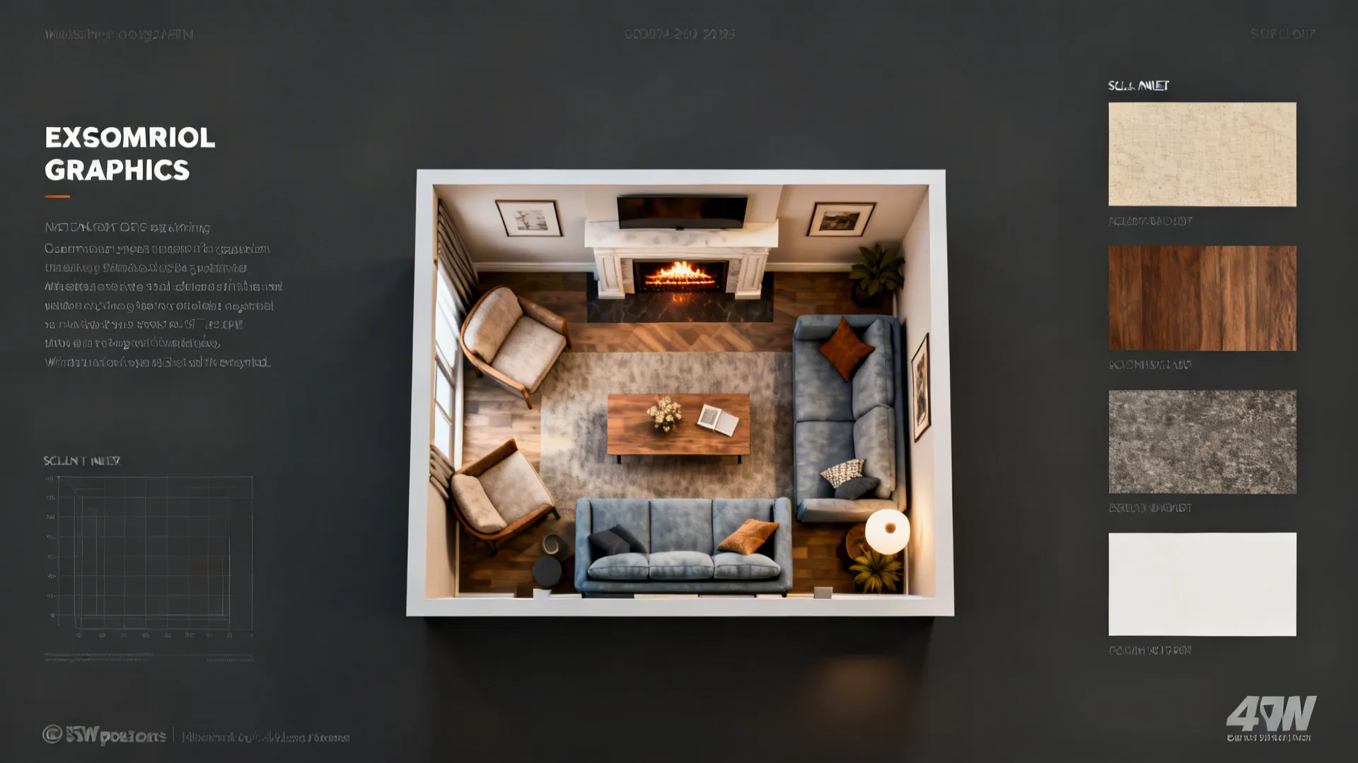 Top-down floor plan mock-up illustrating fireplace proportions and seating layout in a small living room