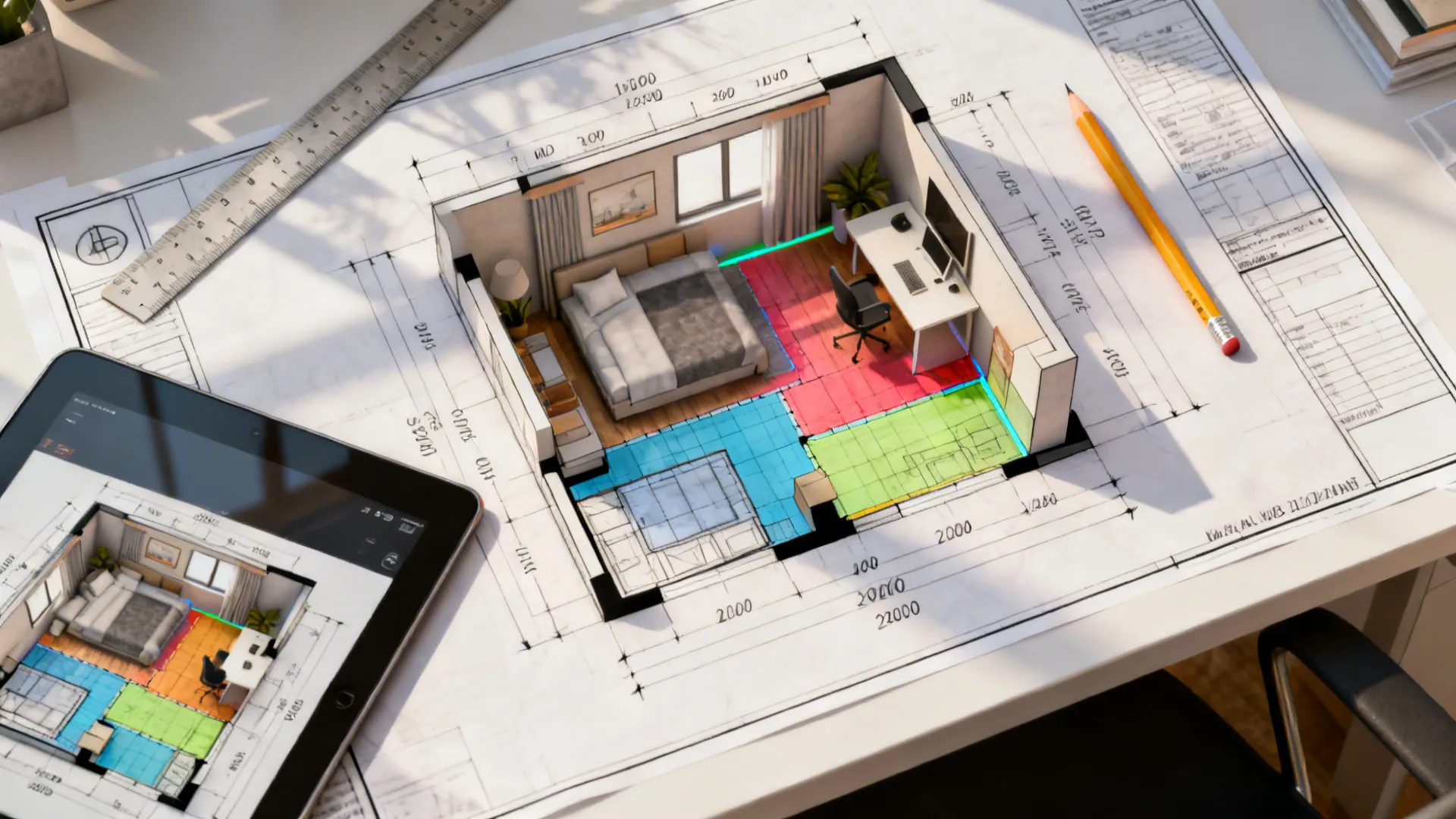 Top-down view of a quick floor plan sketch and a tablet showing a 3D planner mockup for a small guest room-office.
