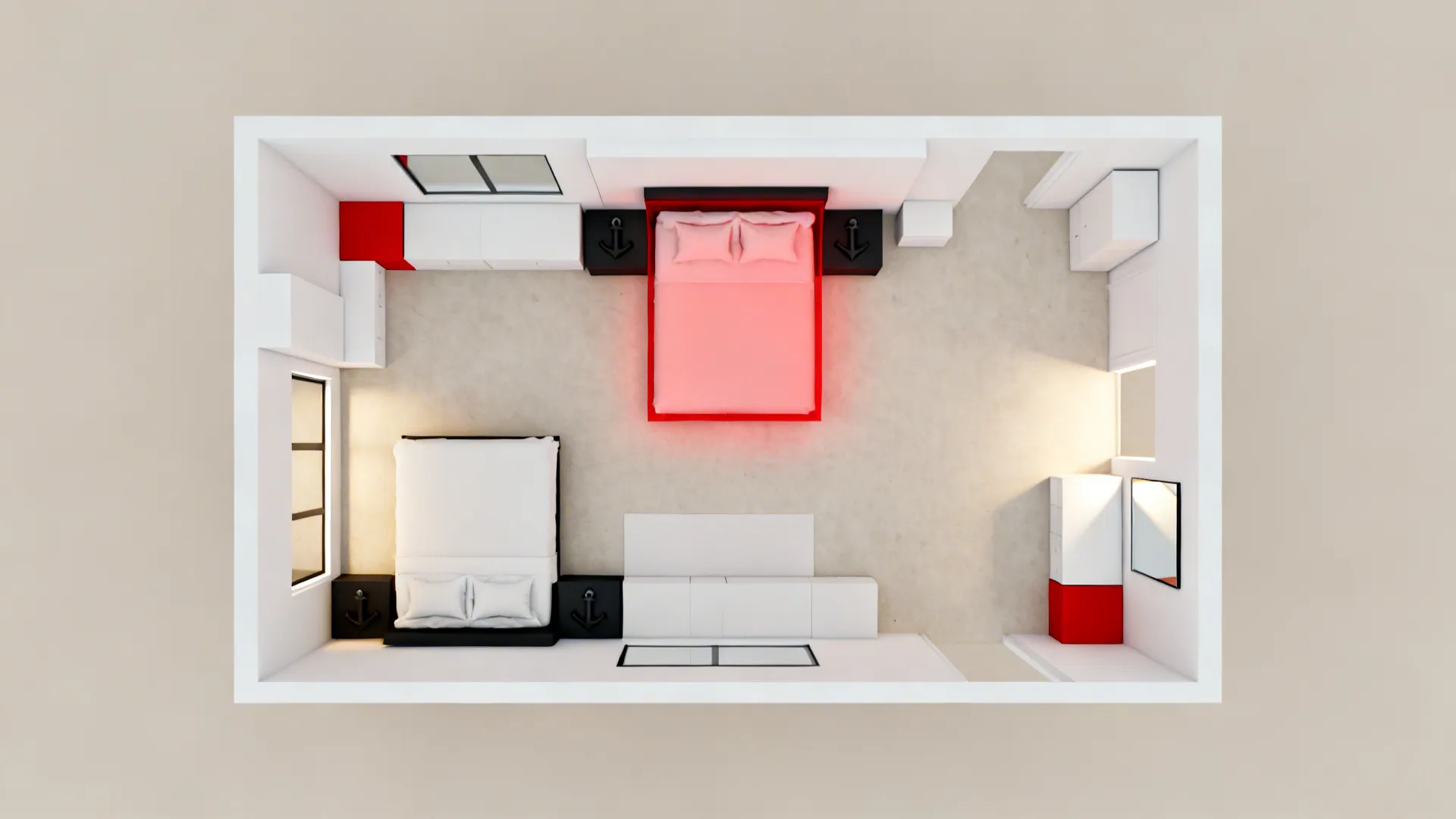 Top-down bedroom floor plan mockup highlighting red accent zones, black anchors and white surfaces.
