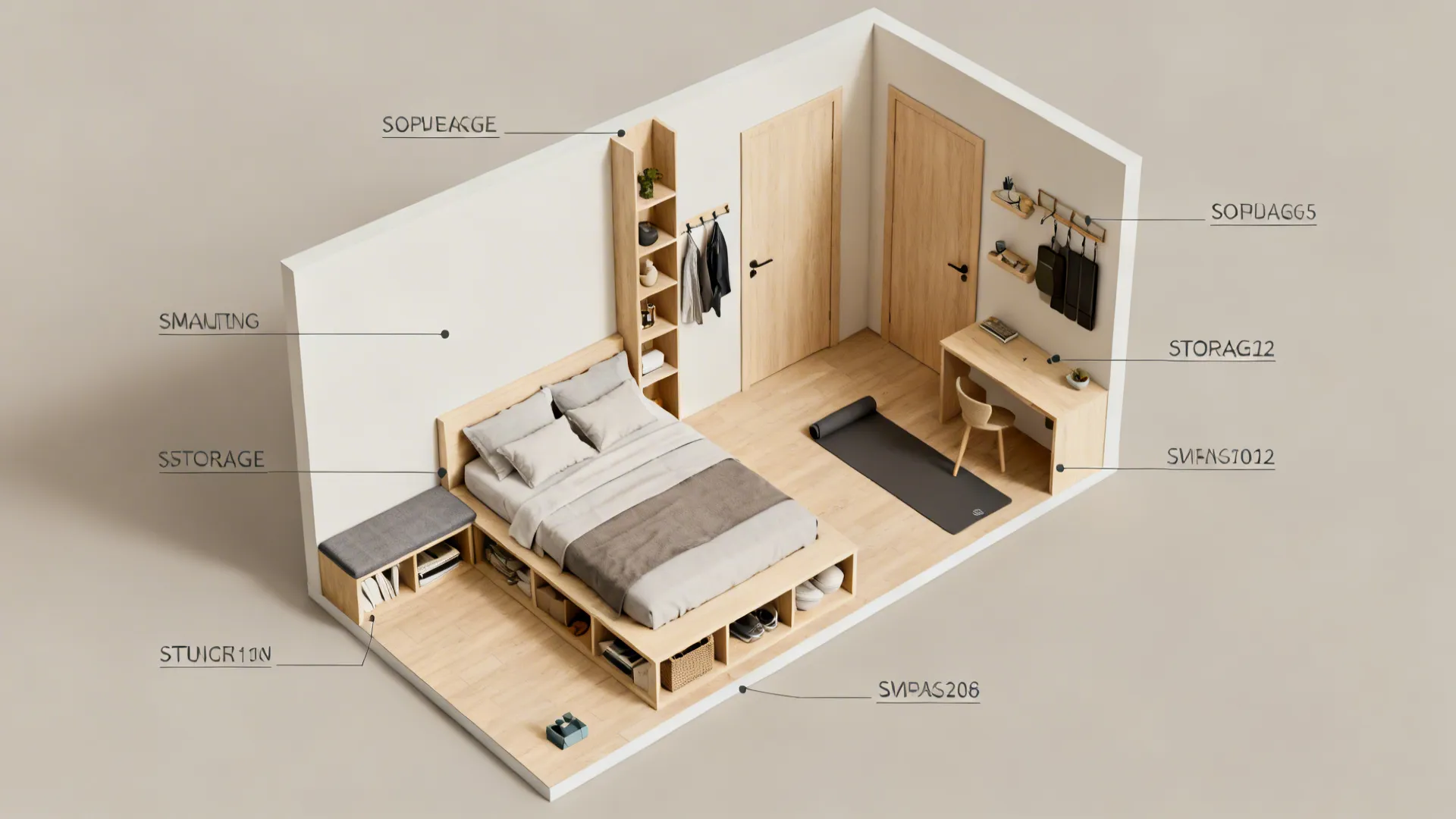 Top-down floorplan mockup of a small bedroom showing storage zones and clearances.