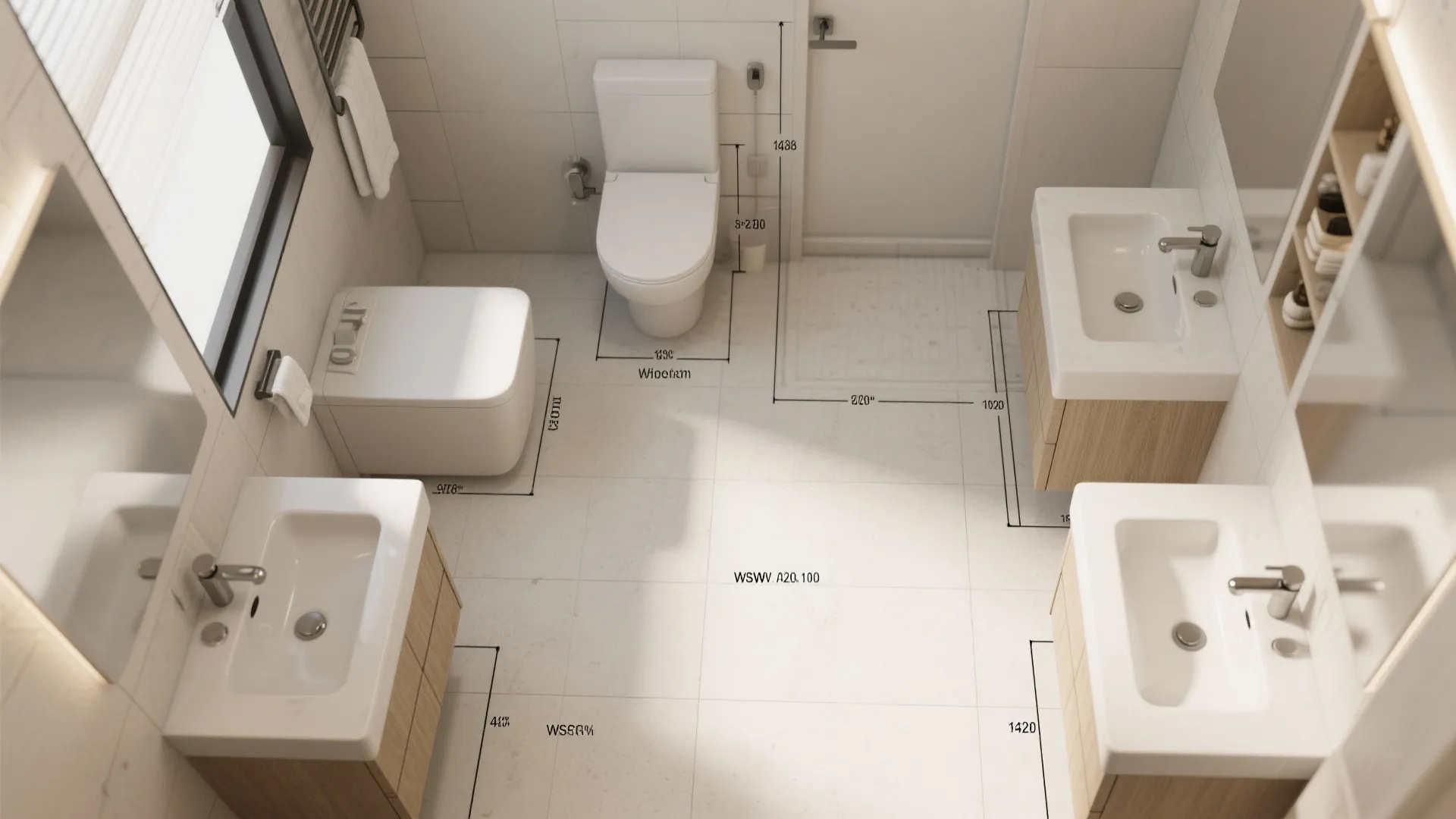Top-down floorplan mockup showing four faucet stations with clearance and reach annotations.