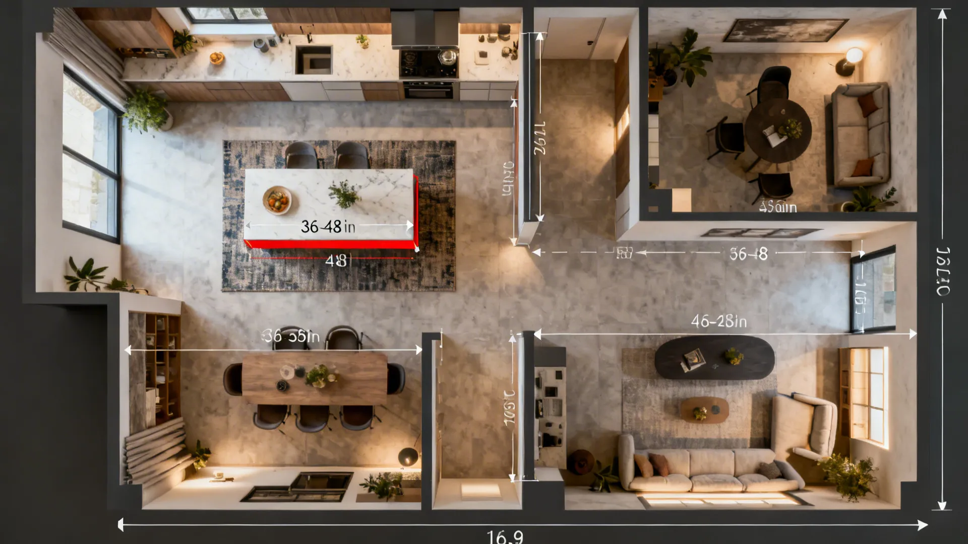 Top-down 3D floor plan mockup showing island dimensions and circulation clearances in an open plan layout