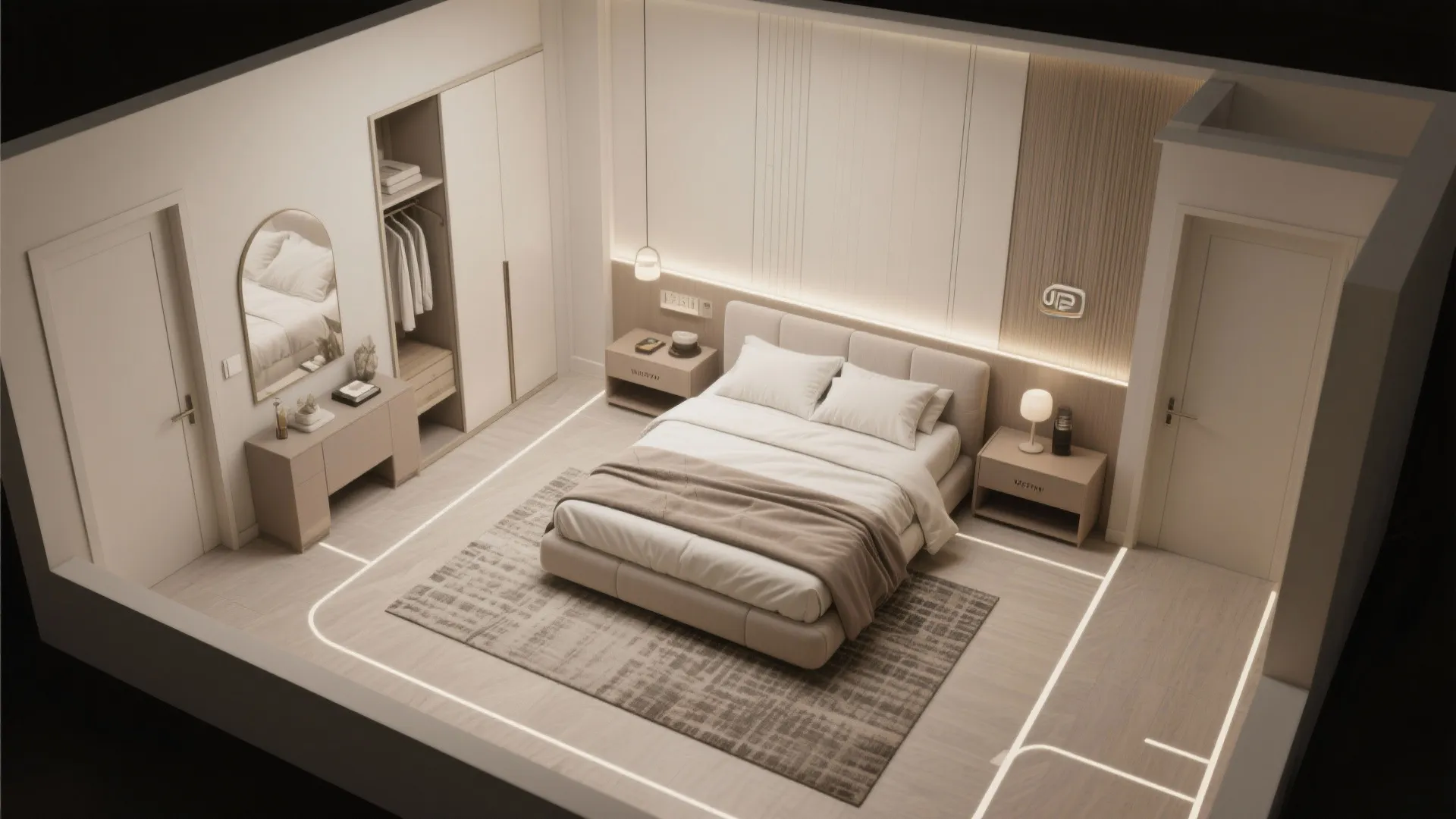 Top-down mockup of a master bedroom layout showing scaled furniture and circulation paths.