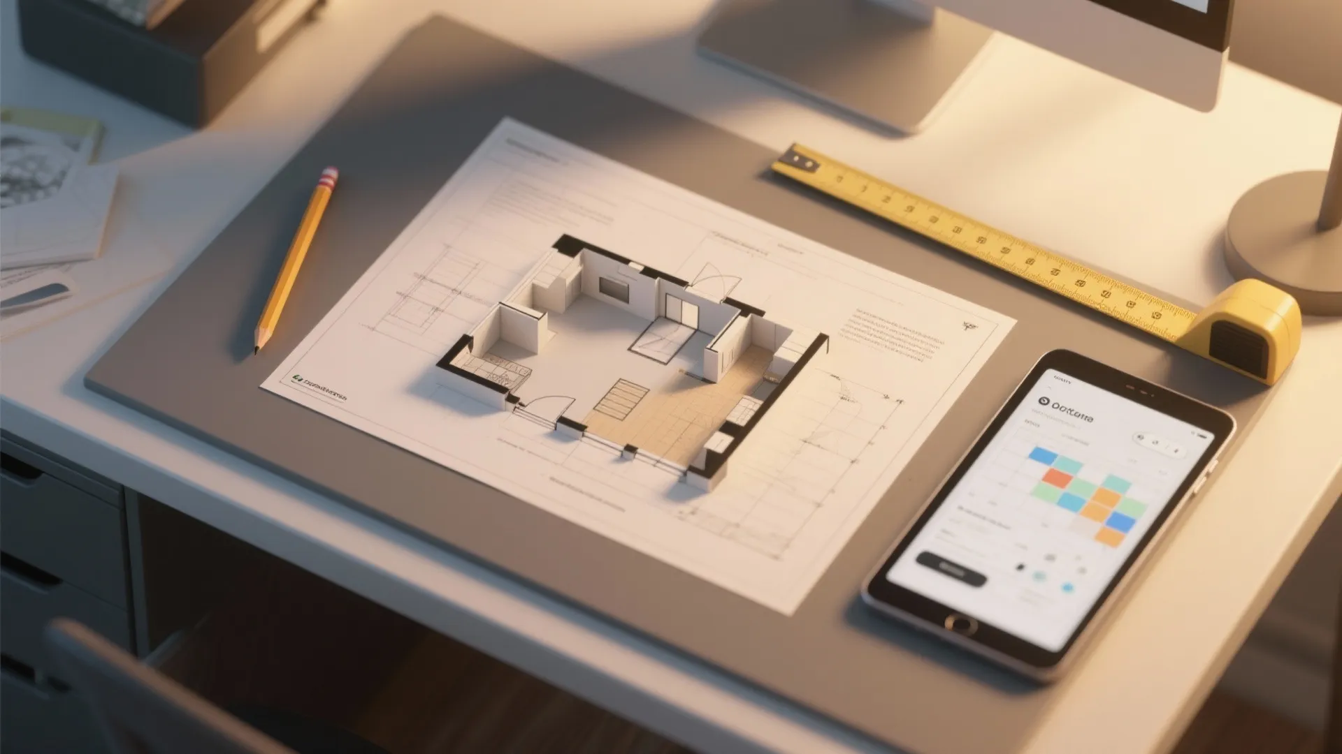 Top-down desk view with printed floor plan and tablet showing 3D planner for furniture layout testing.