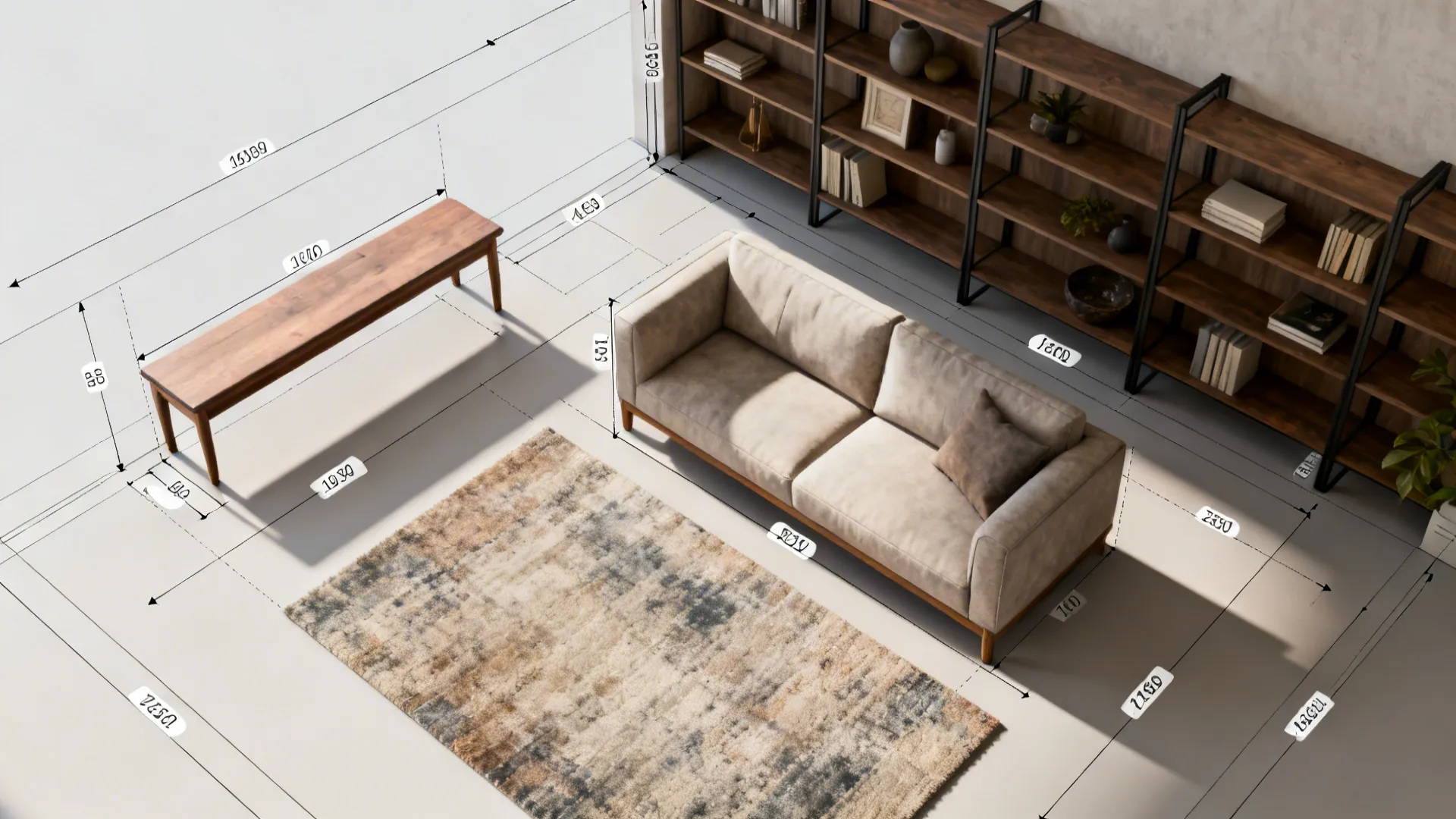 Top-down floorplan mockup showing furniture placement and circulation for a small living room