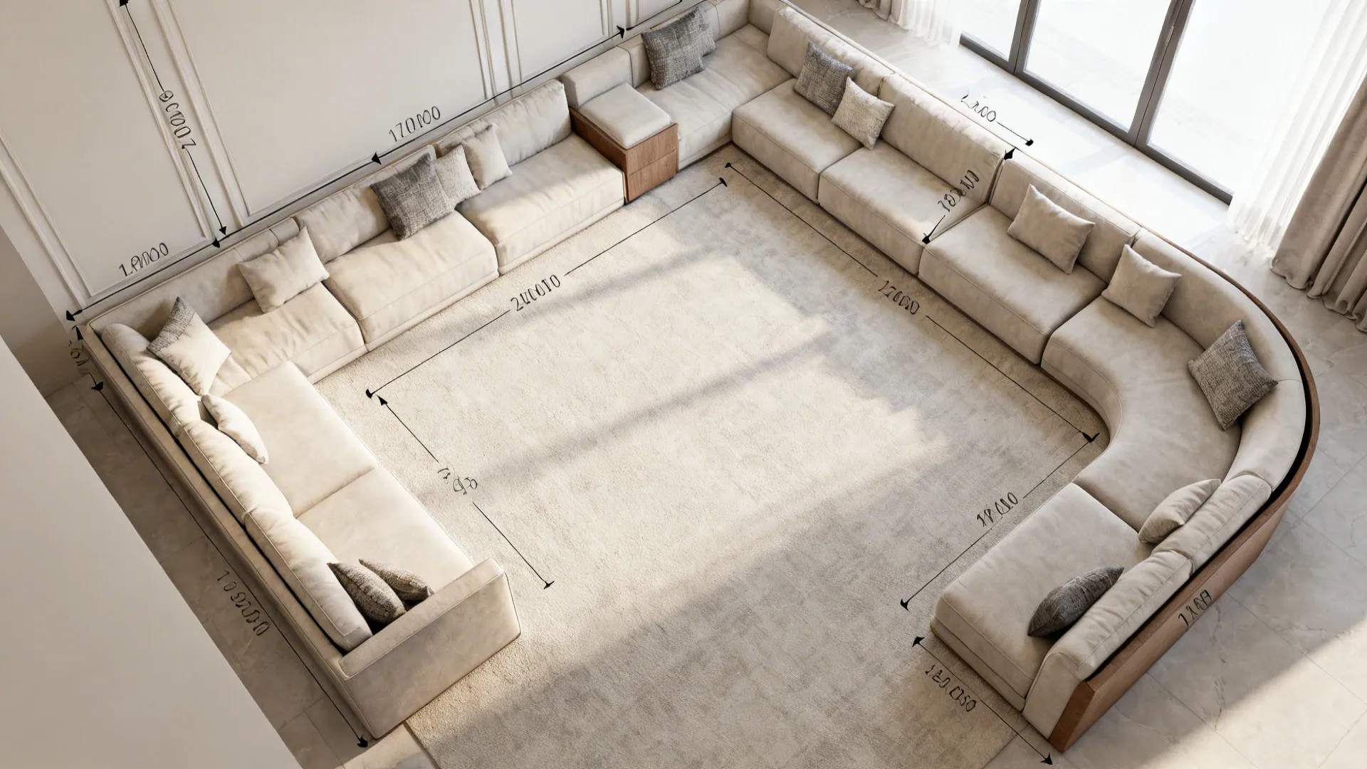 Top-down 3D mockup of a small living room comparing corner sofa layout options and circulation paths.