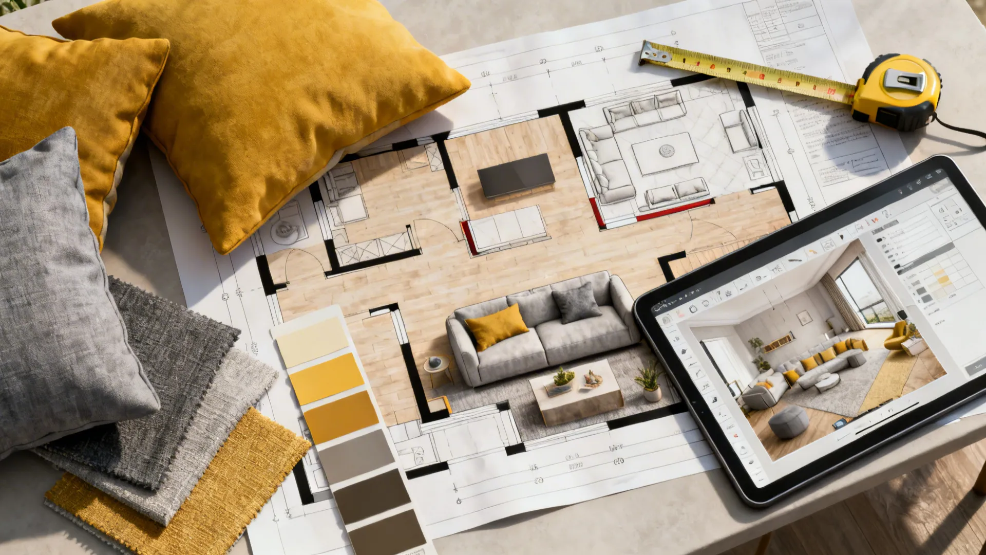 Top-down floor plan and moodboard with mustard and grey swatches and a room planner tablet