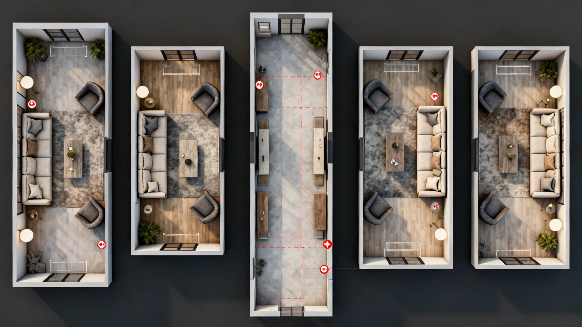 Top-down floor plan showing five layout options for two sofas and two chairs with circulation highlighted.