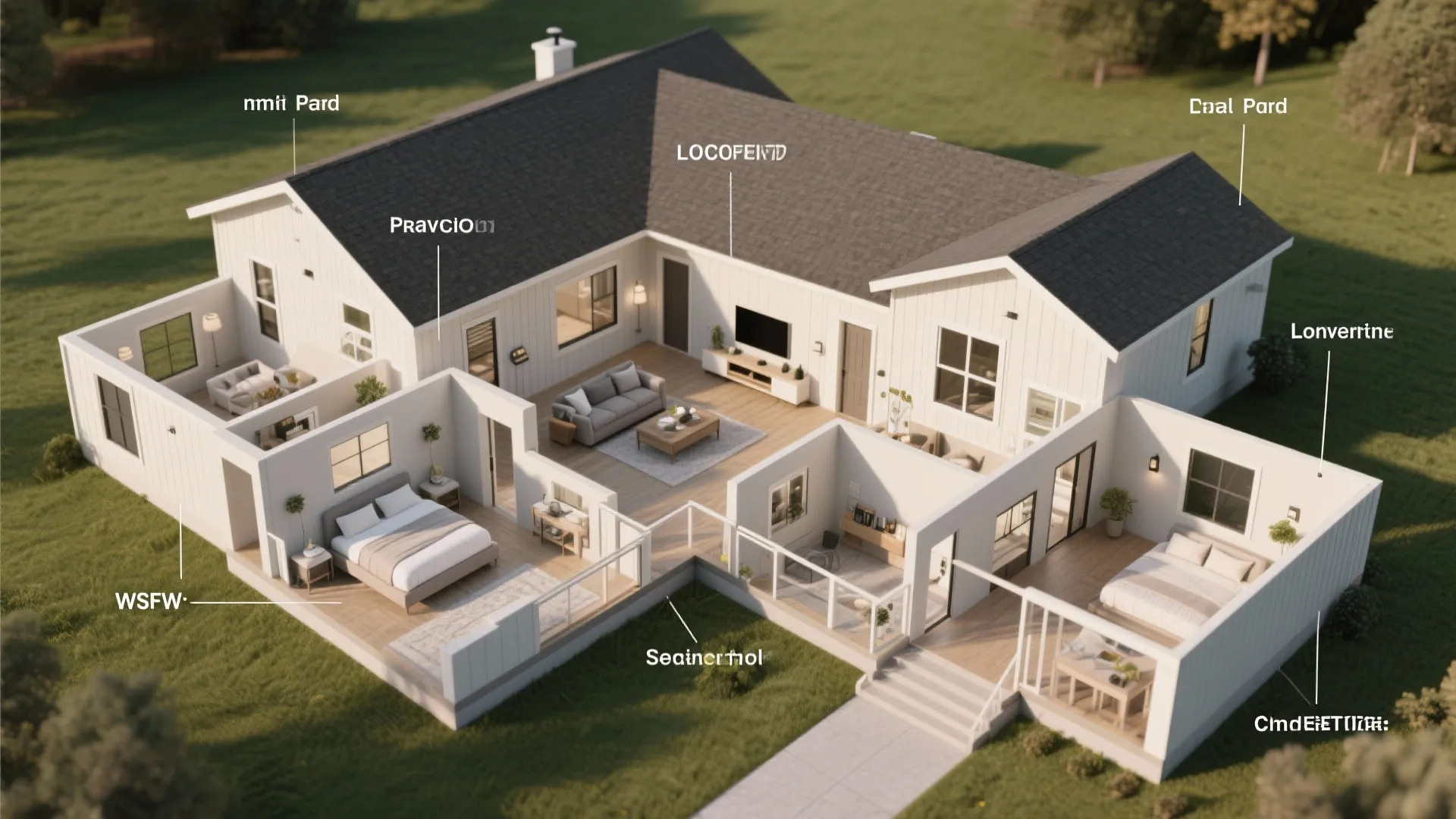 Top-down visualization comparing L-shaped, centered great room, split bedroom and flex room floor plan options.