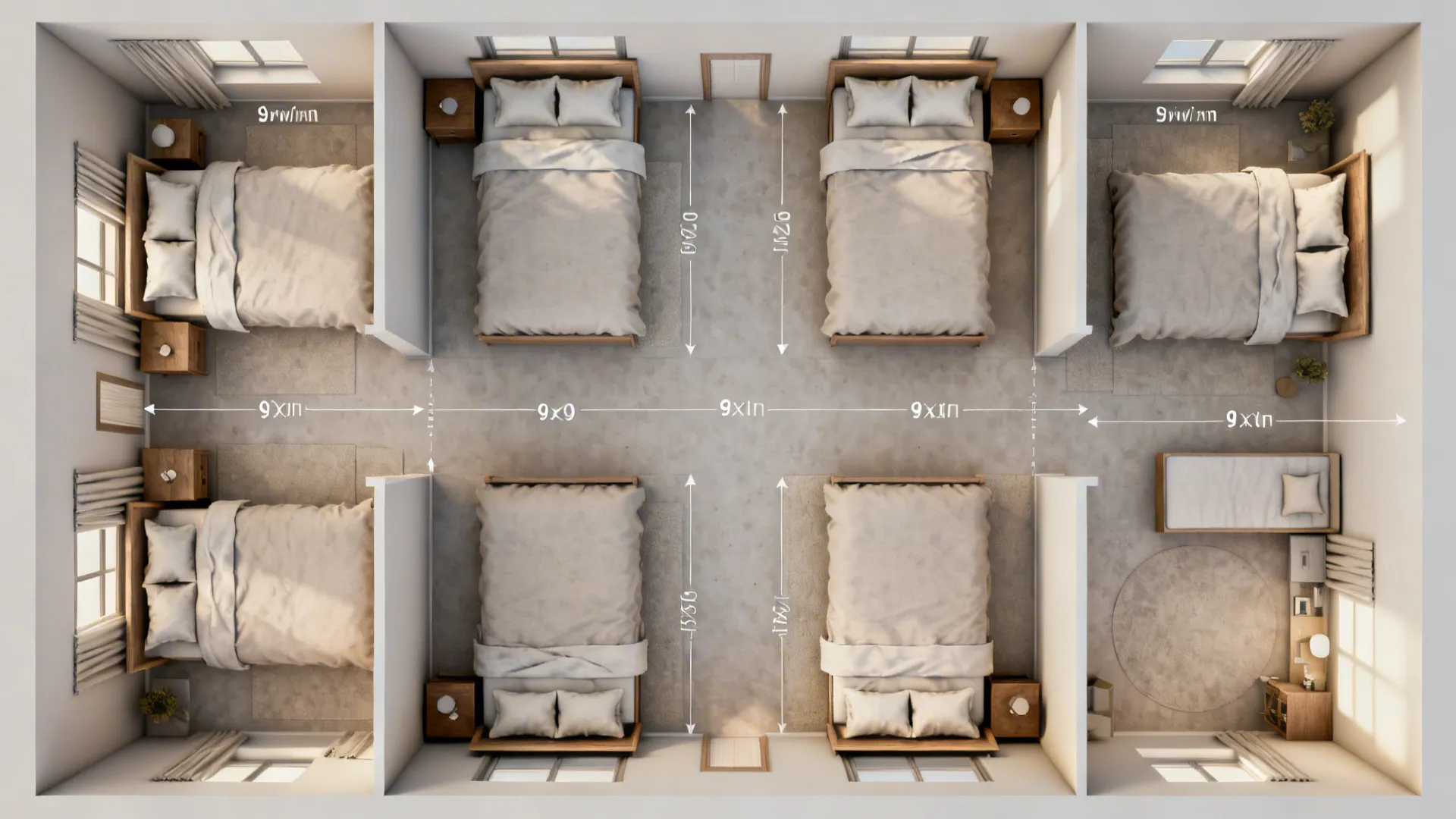 Top-down 3D floor plan showing multiple twin bed configurations for a 9x9 room