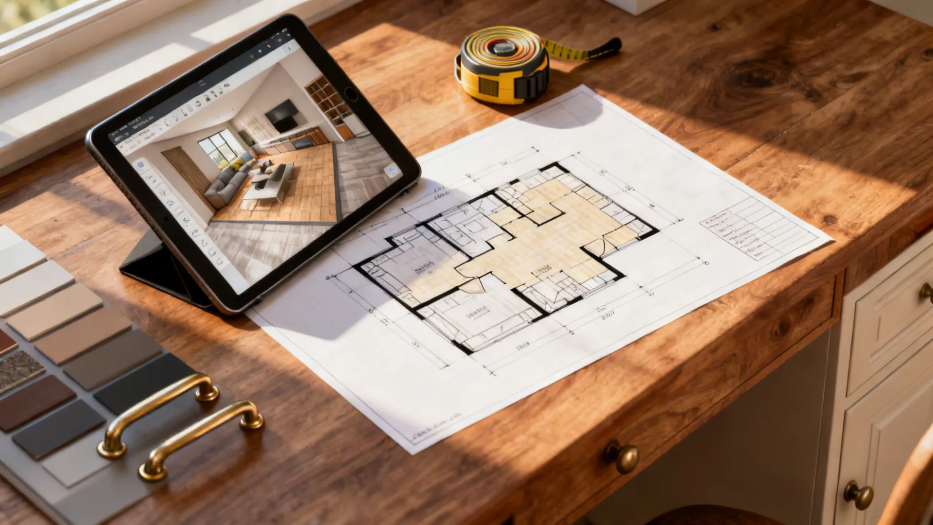 Floor plan sketch beside a tablet with a 3D planner and samples, illustrating quick layout testing