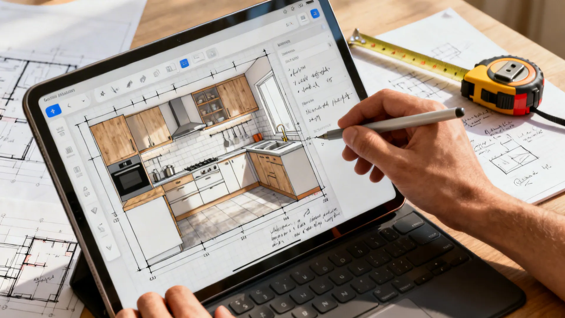 Tablet showing a kitchen layout planner with hands adjusting dimensions and notes