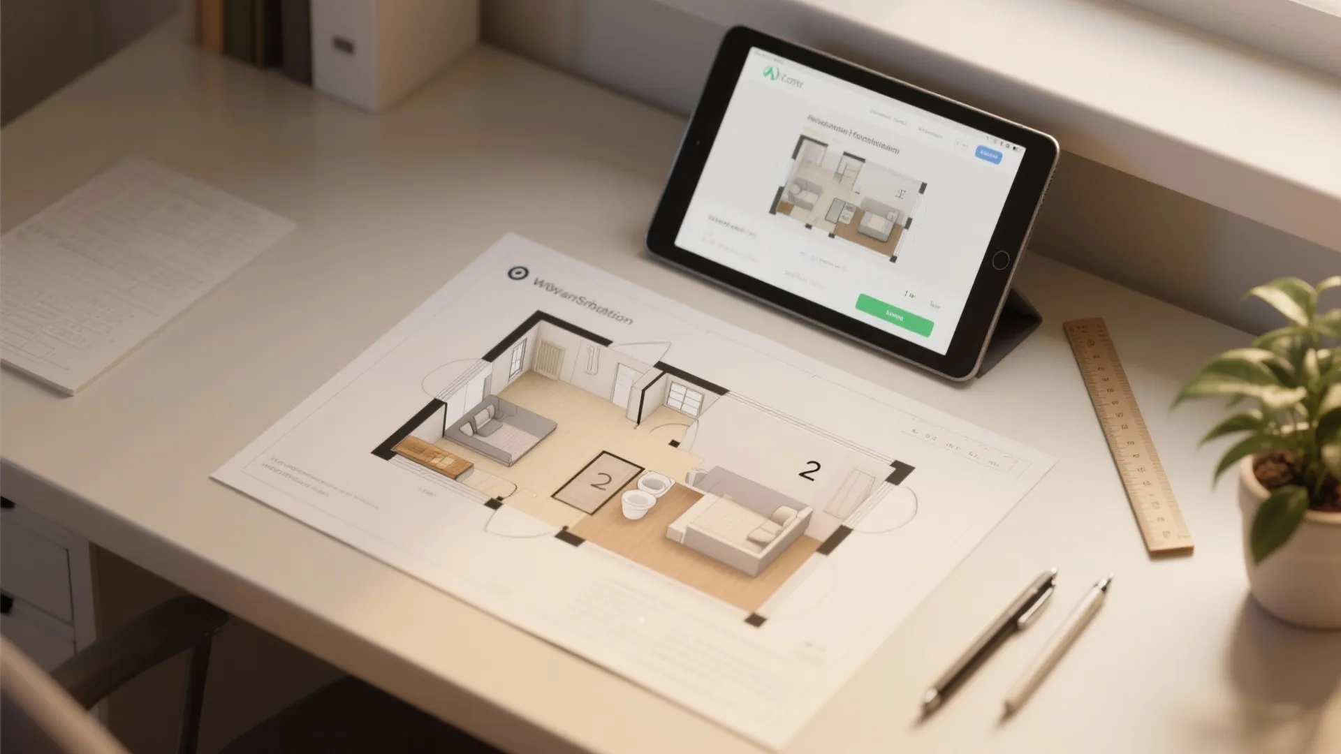 Top-down desk scene with printed floor plan and tablet showing an online room planner.