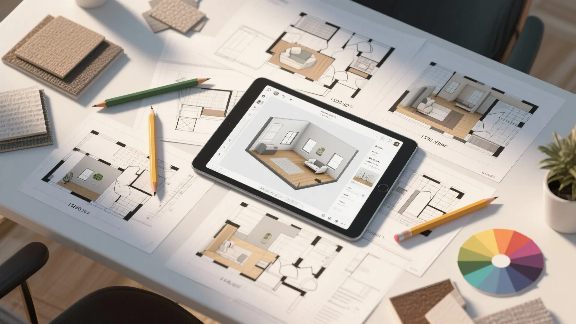 Top-down view of floor plan sketches and a tablet running a room planner for a 1500 sq ft home