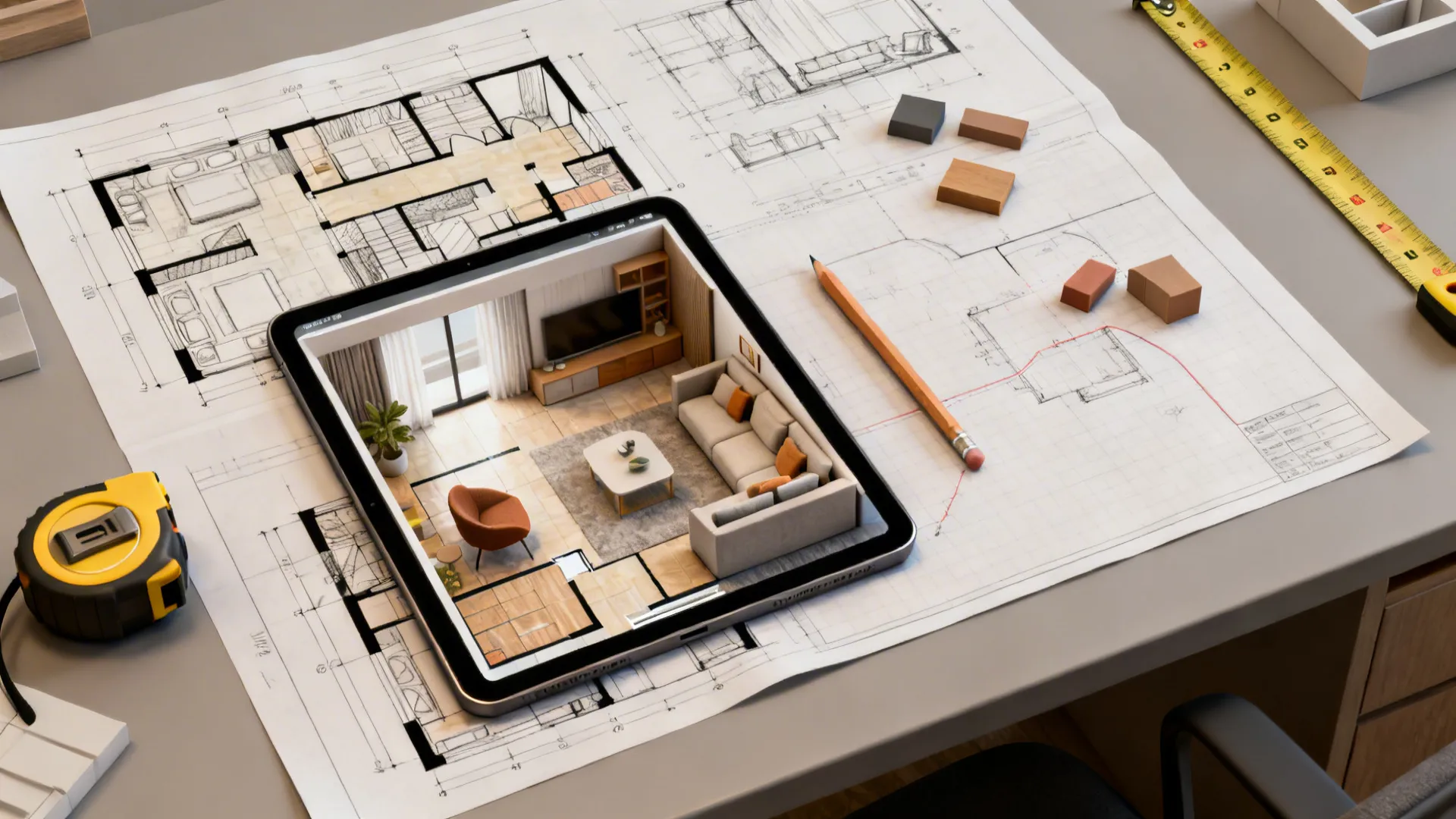 Top-down desk scene with a tablet showing a 3D floor planner, sketches, and measuring tools for built-in planning.