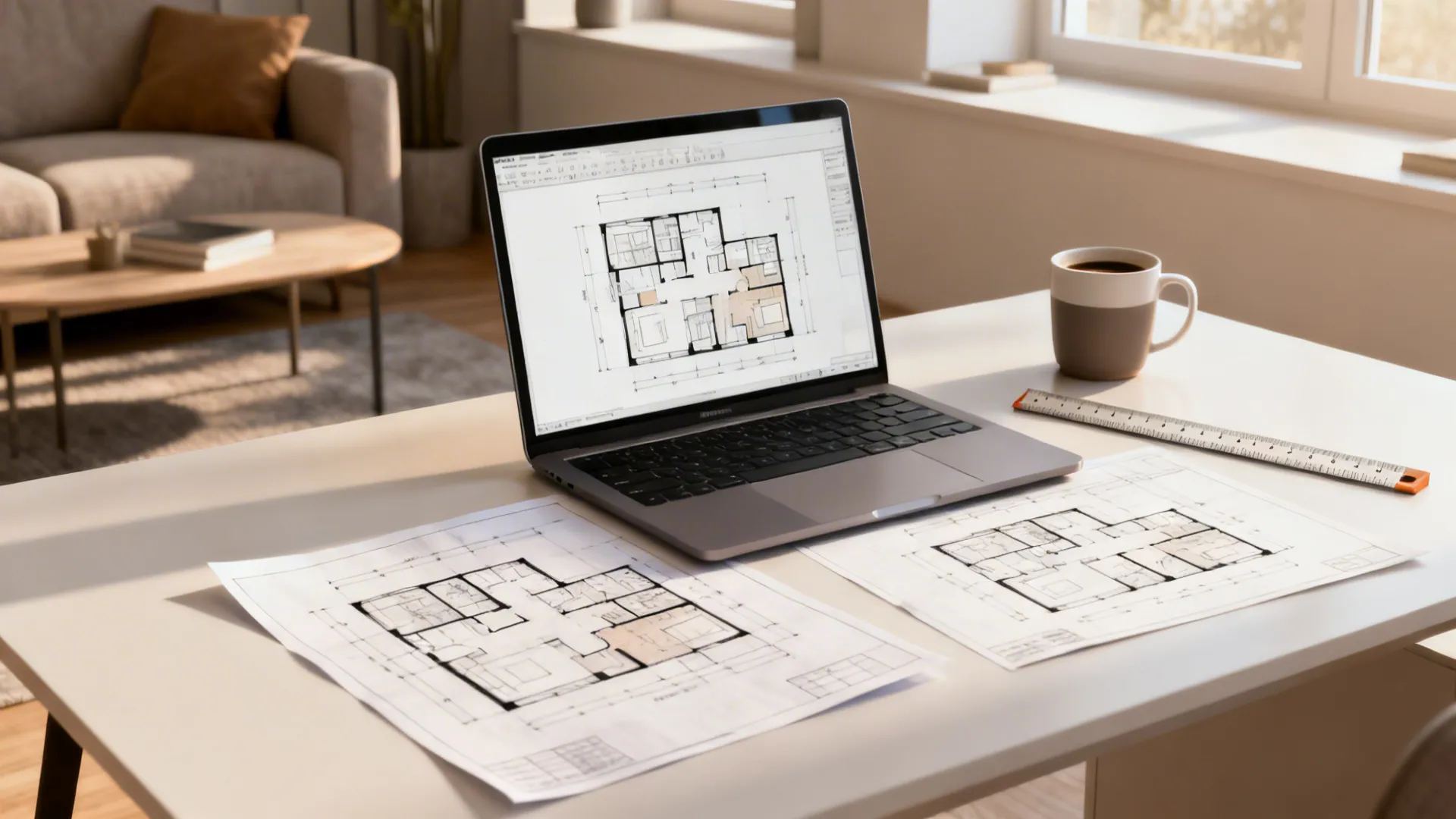 Workspace showing a laptop with a floor planner, printed floor plans and measurement tools for sofa planning