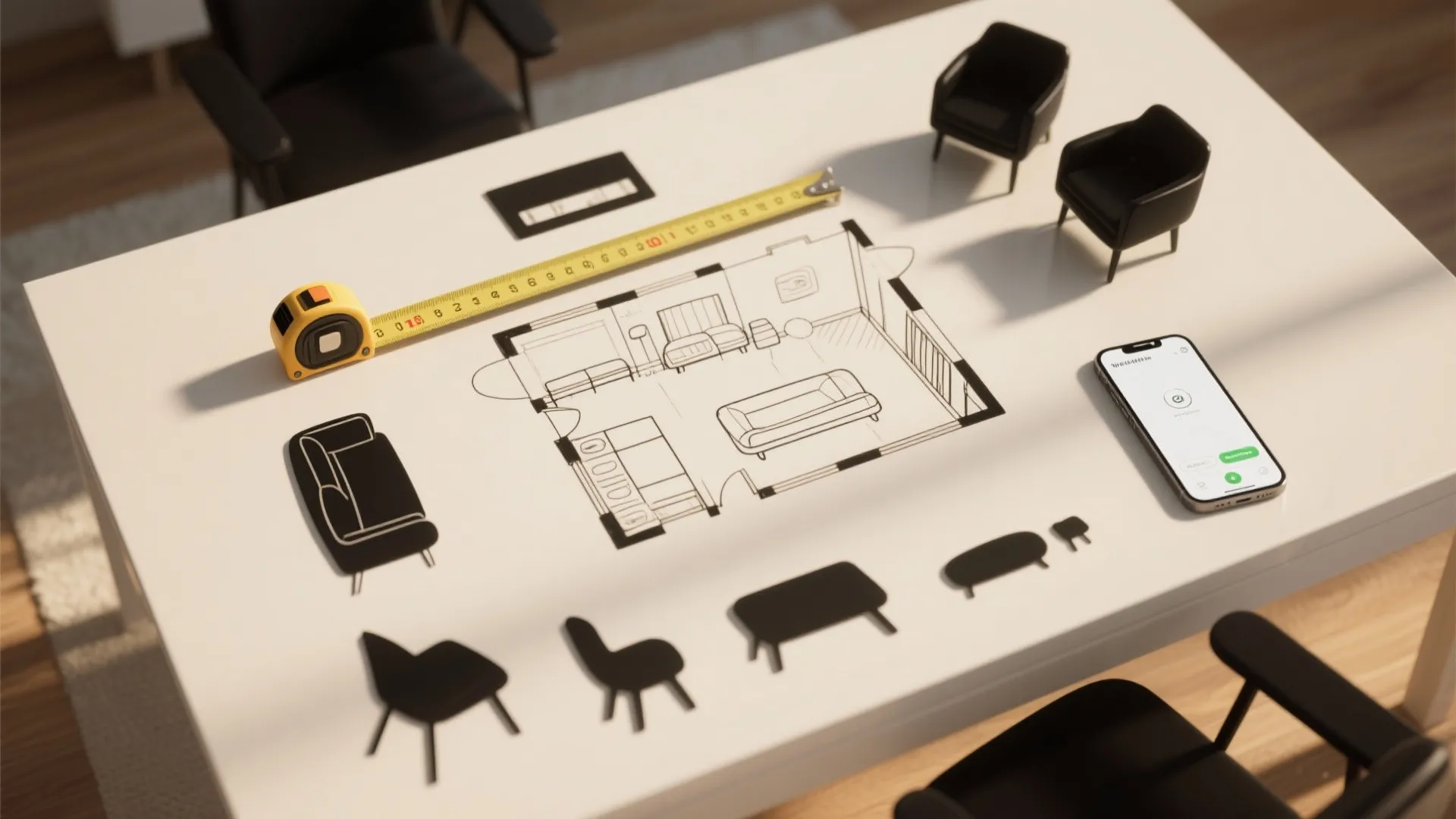 Floor plan drawing with yellow measuring tape smartphone and furniture icons on white office table