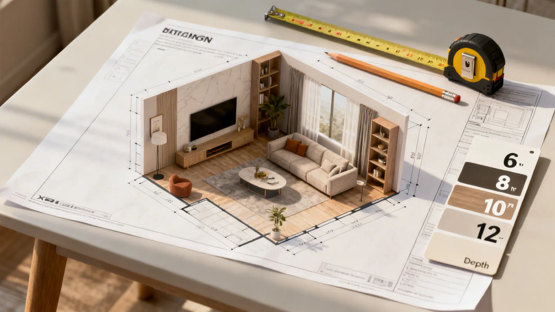 Top-down view of a 3D floor planner printout with measuring tools and shelf depth sample cards for planning placement.