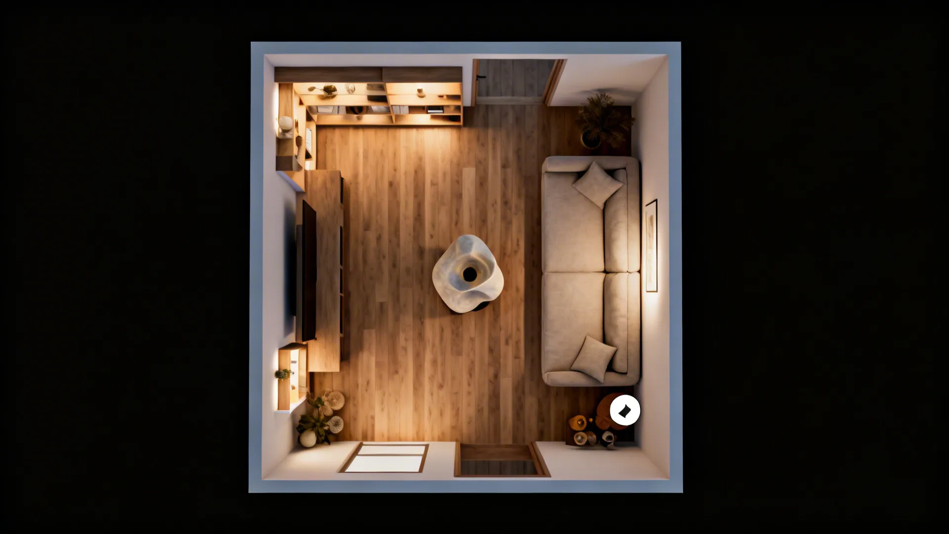 Top-down interior design drawing showing a living room with wooden floors, beige sofa, and wall cabinet