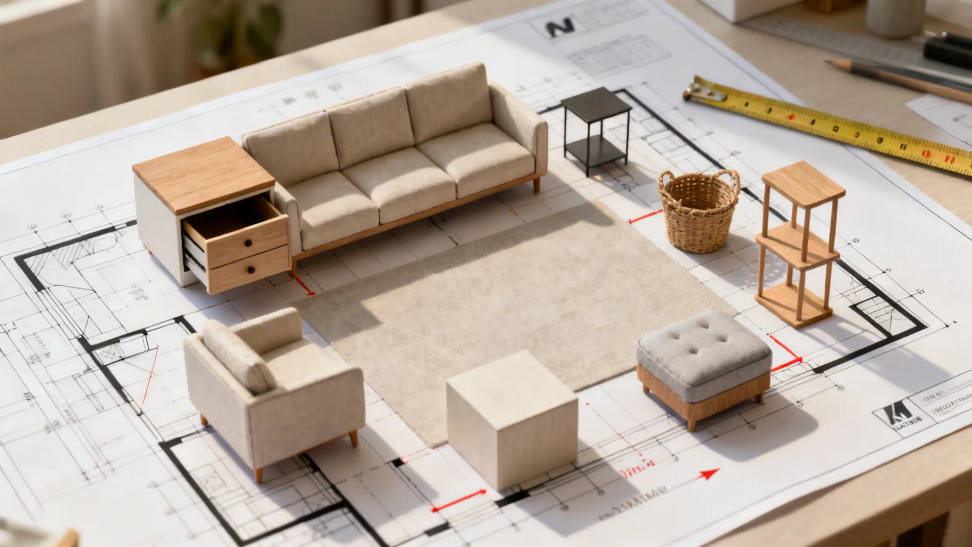 Miniature furniture models including sofa and tables placed on a paper interior design drawing layout