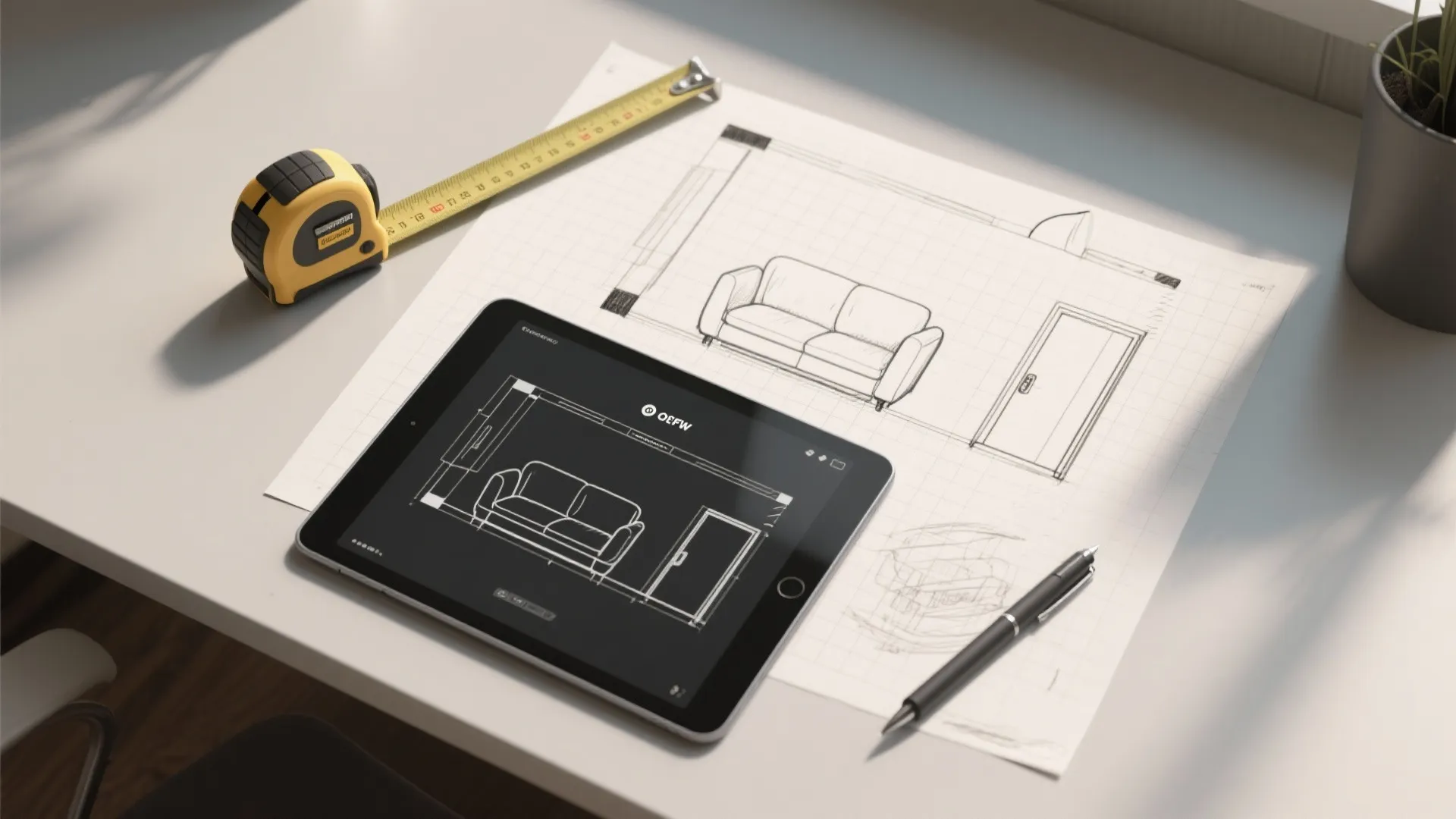 Tablet showing interior design drawing next to paper sketch and measuring tape on a white desk