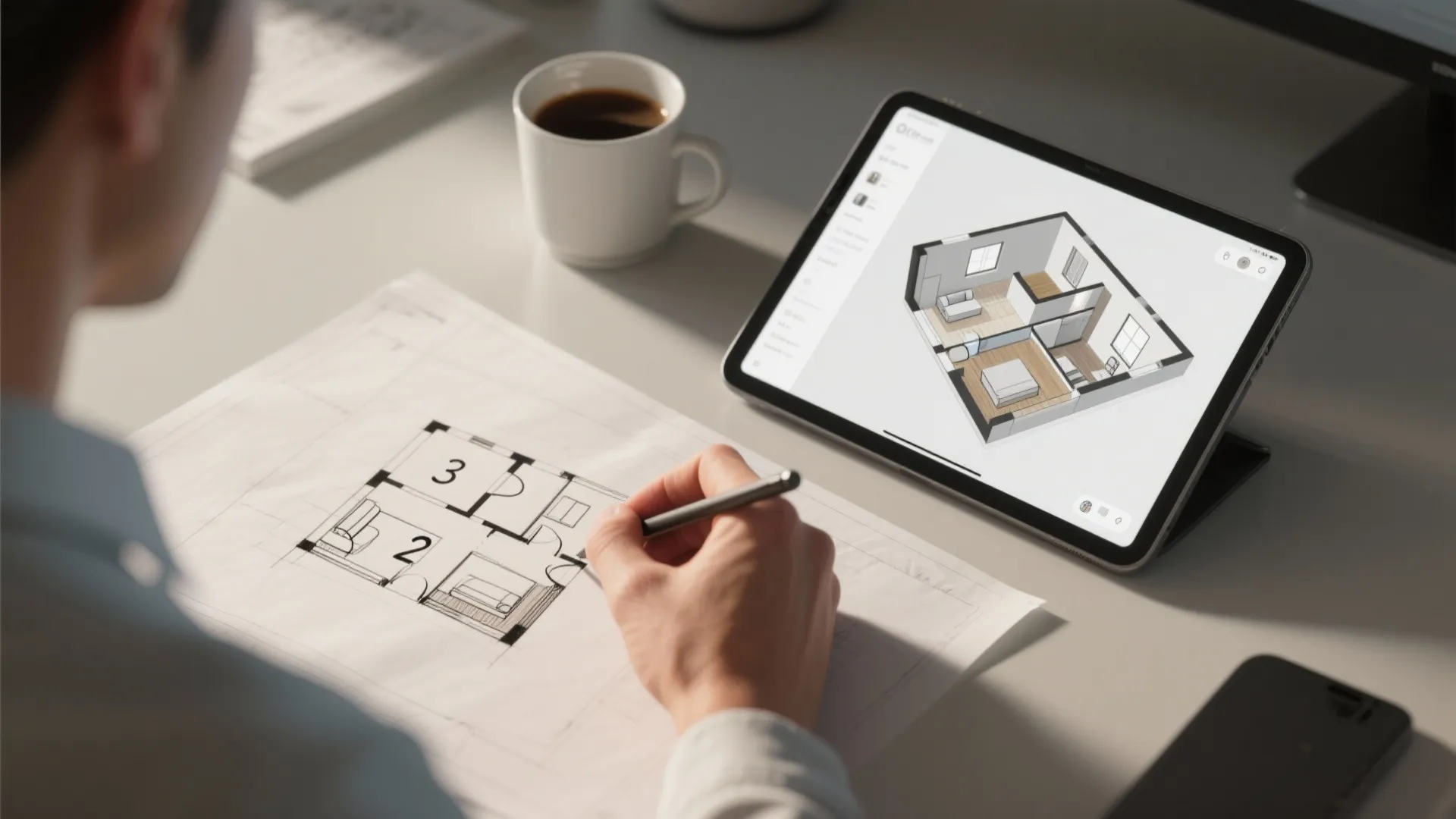 Designer sketching a compact 3-bed 2-bath floor plan next to a tablet with a 3D floor planner.