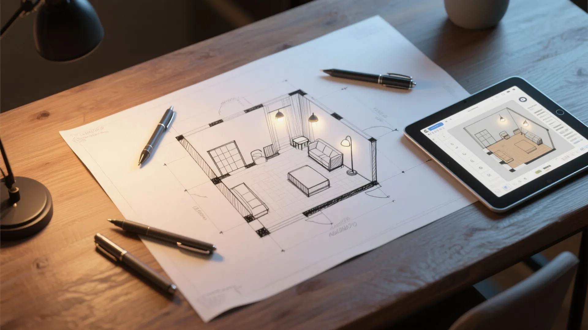 Top-down view of a hand-sketched floor plan and a tablet showing a 3D room planner for lighting placement