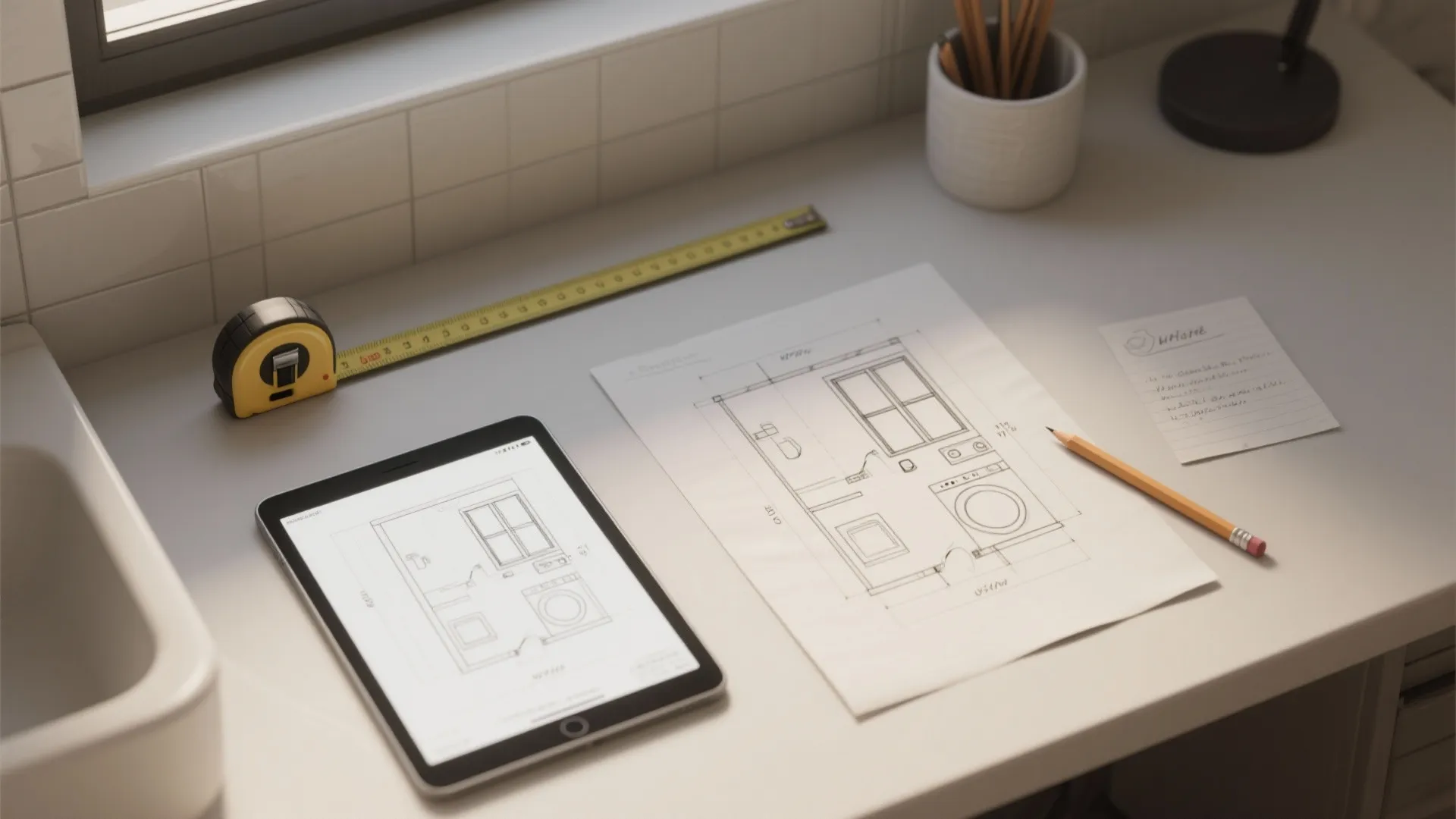 Desk with paper floor plan sketch tablet device measuring tape pencil and cup of pencils