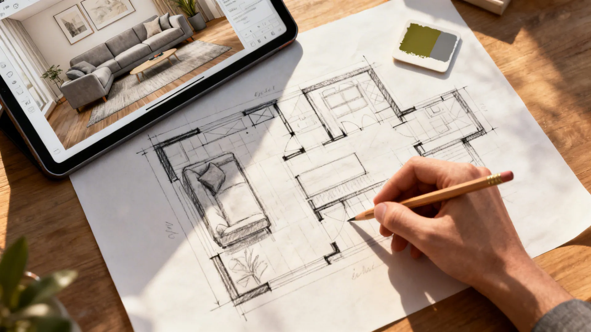 Top-down view of a quick floor plan sketch and a tablet room planner with olive and grey swatches.