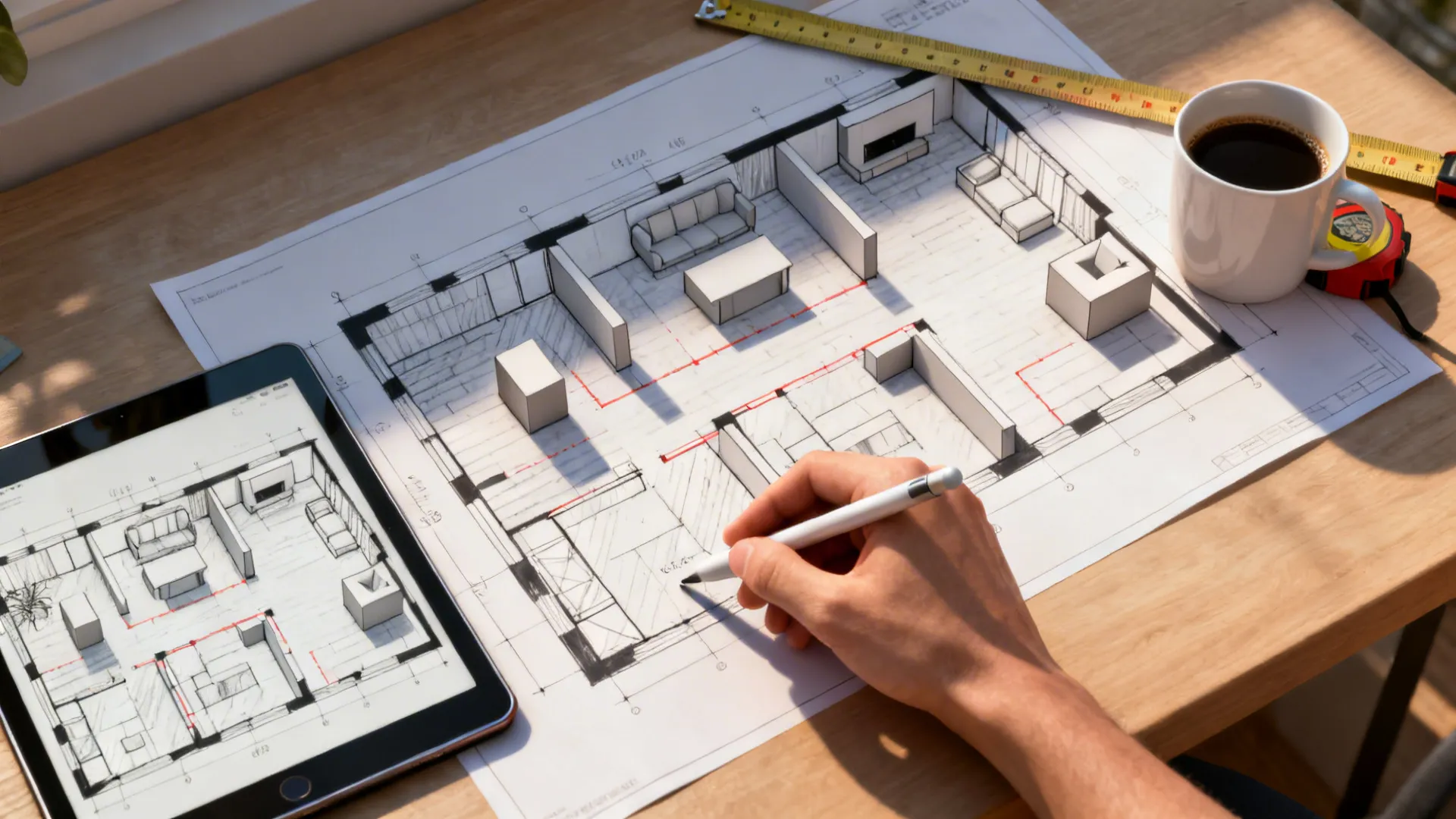 Top-down view of a quick floor plan sketch on a tablet and printed plan with measuring tape