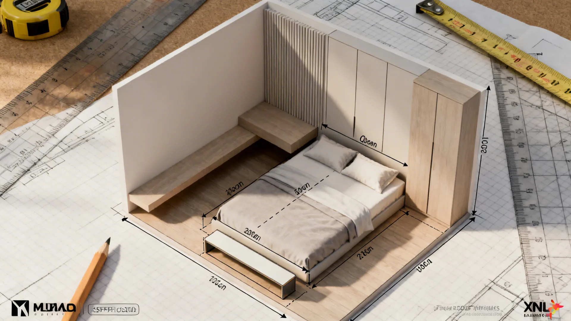 Top-down sketch of a small bedroom floor plan showing queen bed placement and clearances.