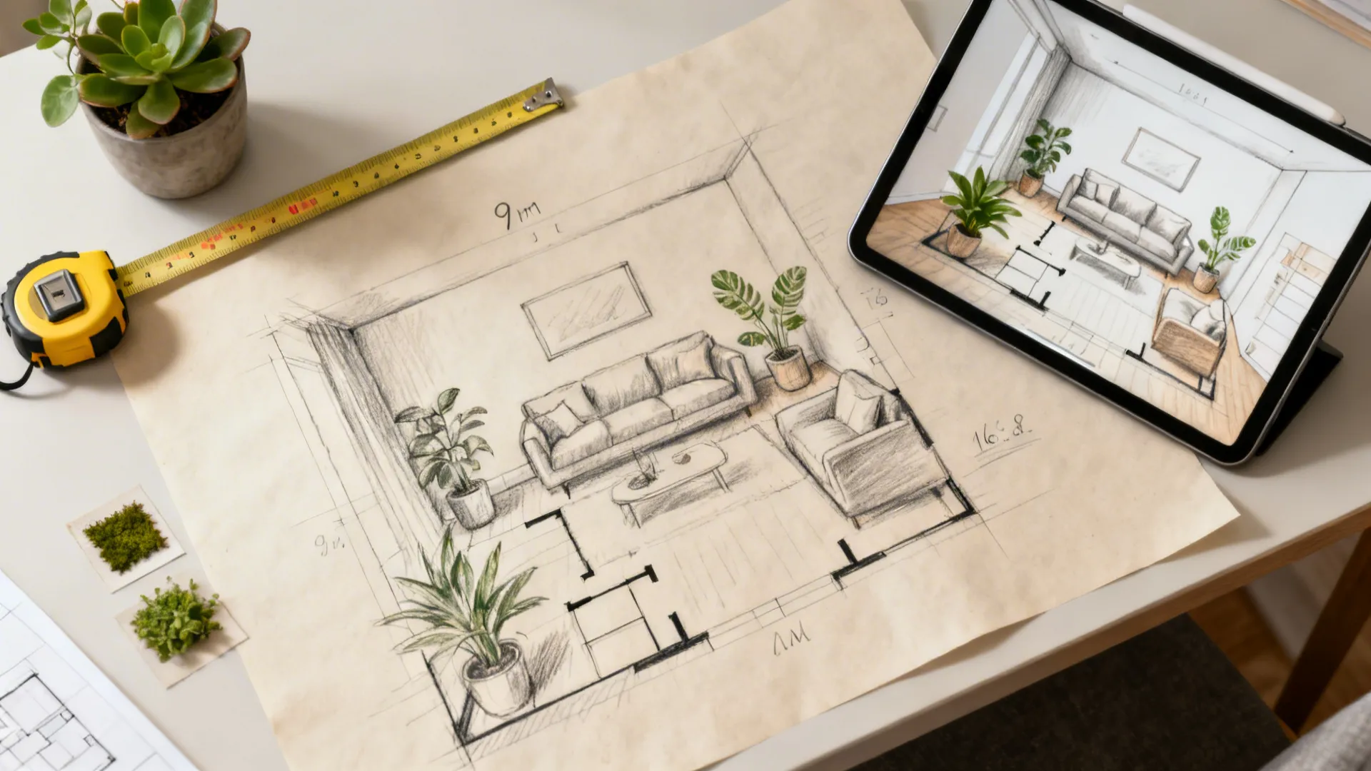 Top-down view of a sketched floor plan and plant samples used to plan plant placement in a small living room.