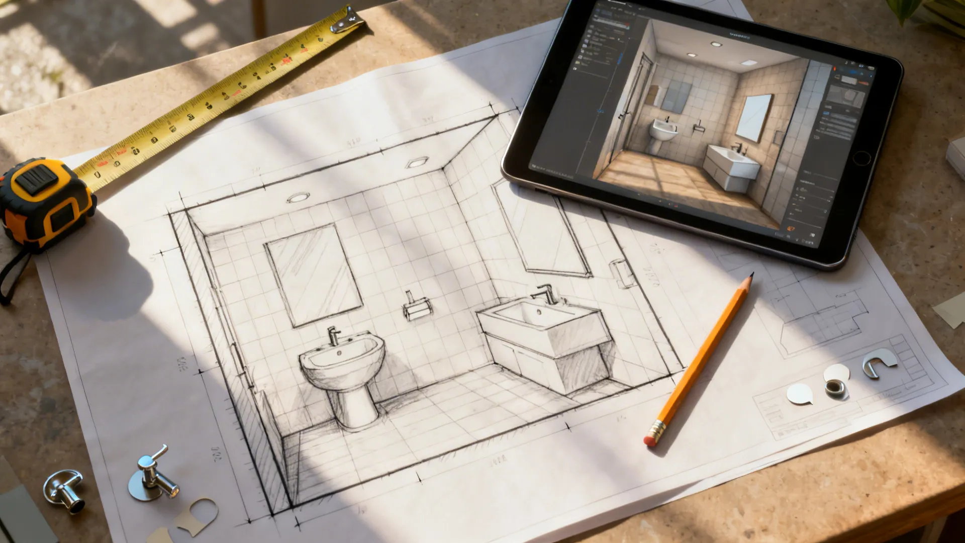 Top-down view of a bathroom floor plan sketch and tablet with a 3D planner showing fixture placement
