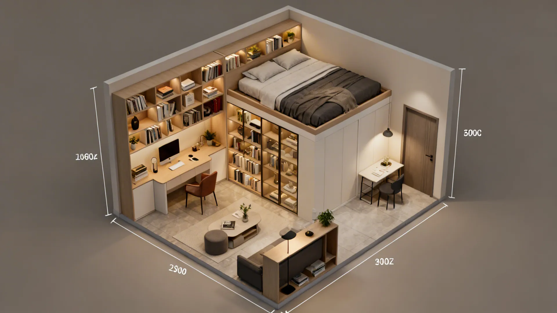 Top-down 3D floor plan showing compact apartment layouts and shelving options