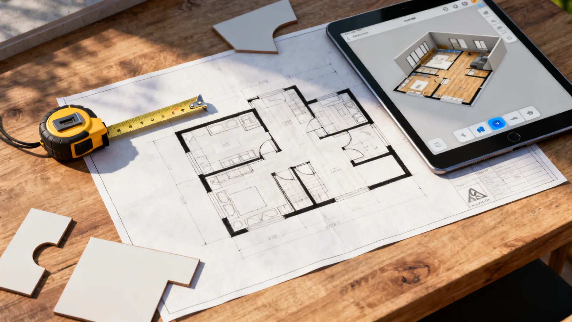 Paper floor plan with tape measure and a tablet showing a 3D home design model