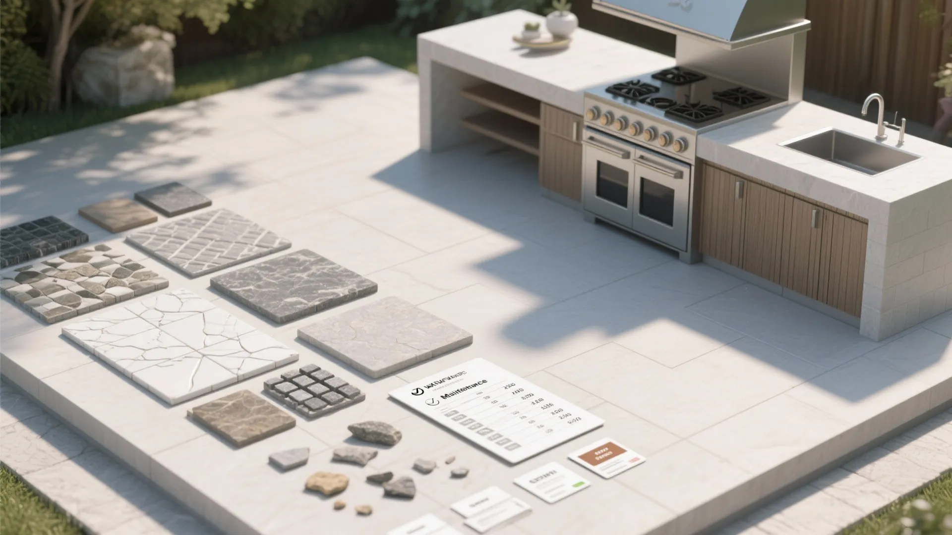 Outdoor kitchen design plan with various stone floor tile samples, documents, and light wood cabinets