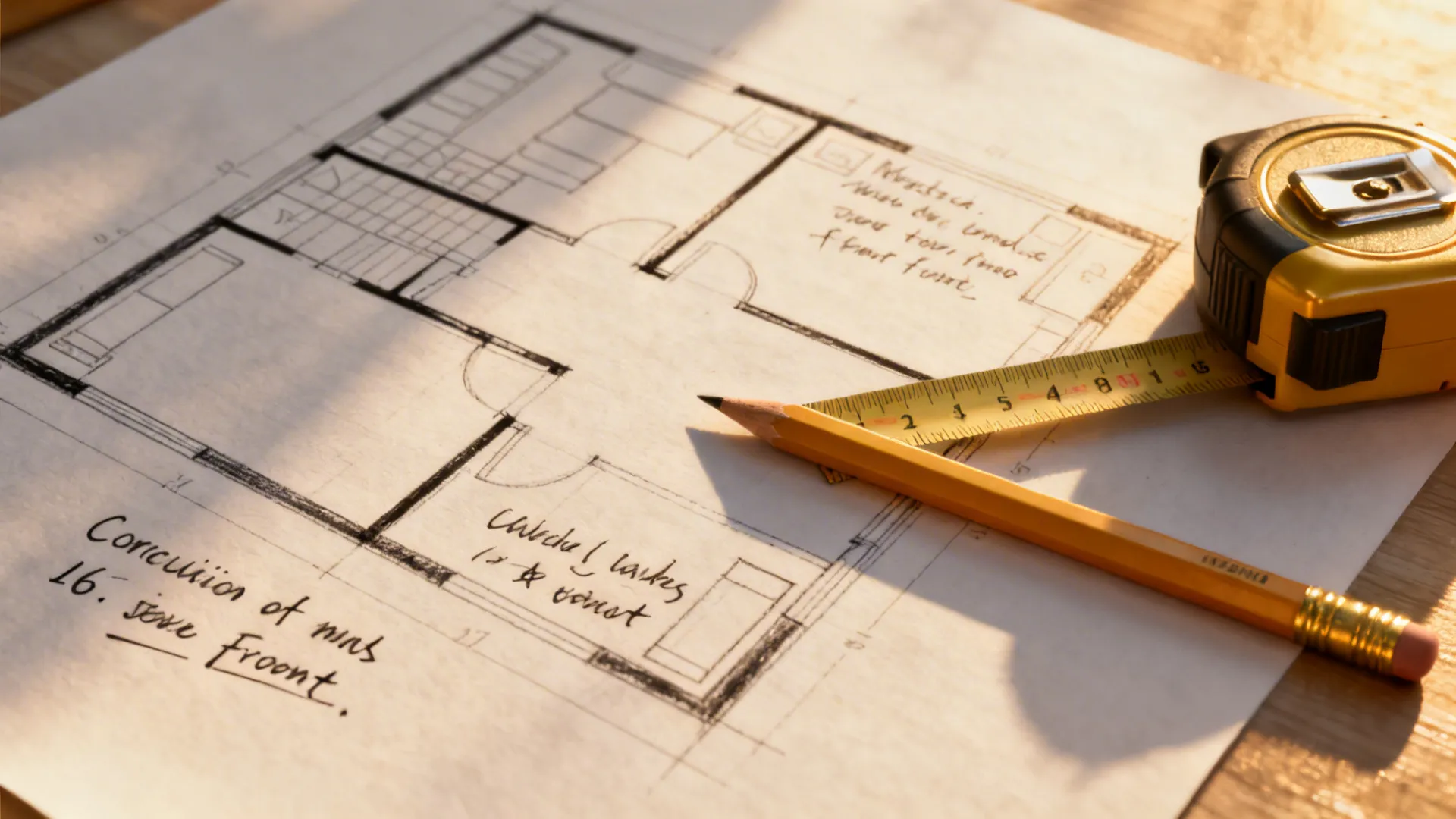 Measured floor plan with pencil and tape measure illustrating circulation planning for a small living room.