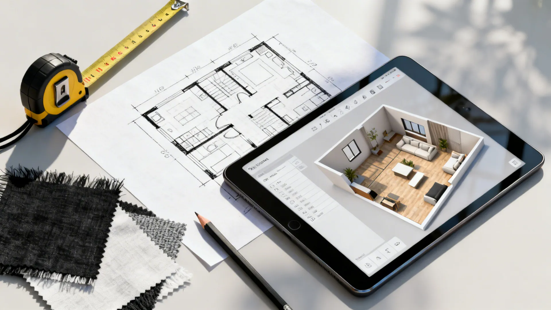 Top-down view of a quick floor plan sketch, tablet with 3D planner, measuring tape and fabric swatches