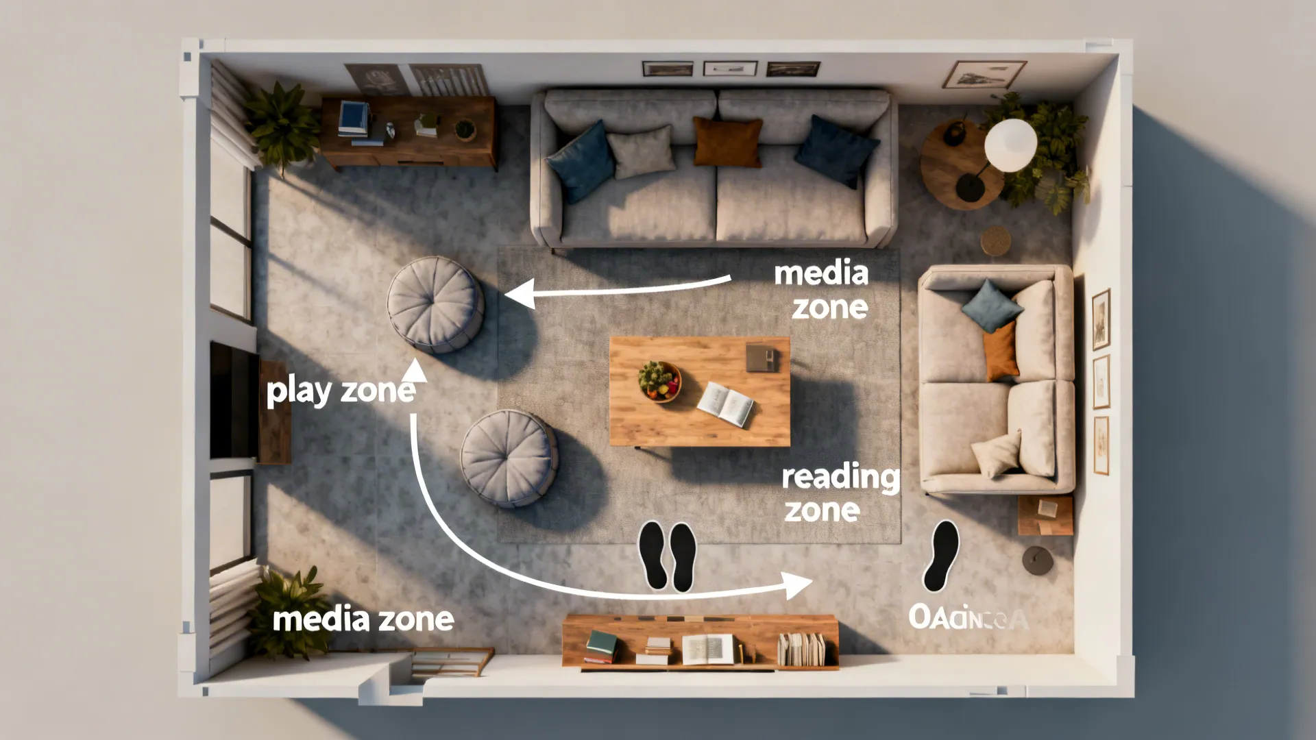 Top-down 3D floorplan showing living room zones and traffic flow with ottoman swap
