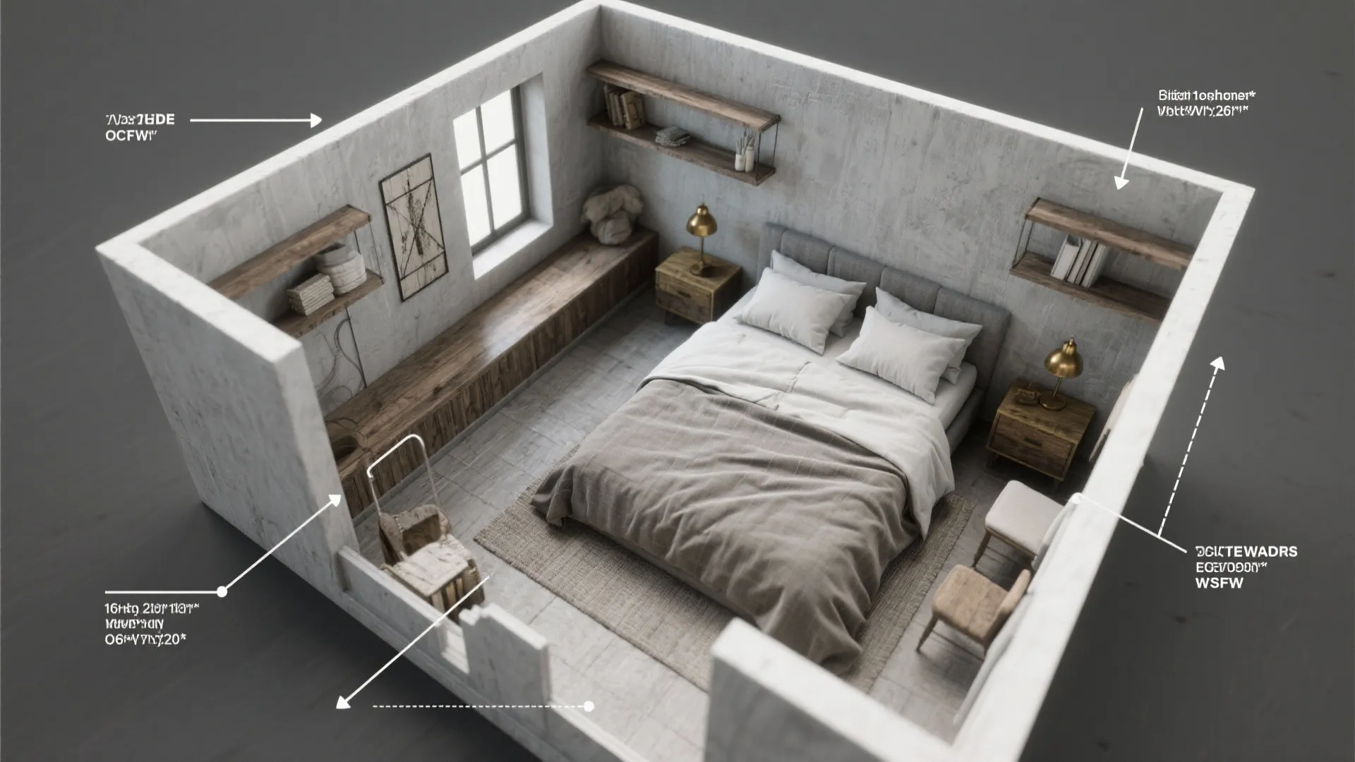 Interior design drawing showing a three dimensional bedroom layout with grey walls and wooden furniture
