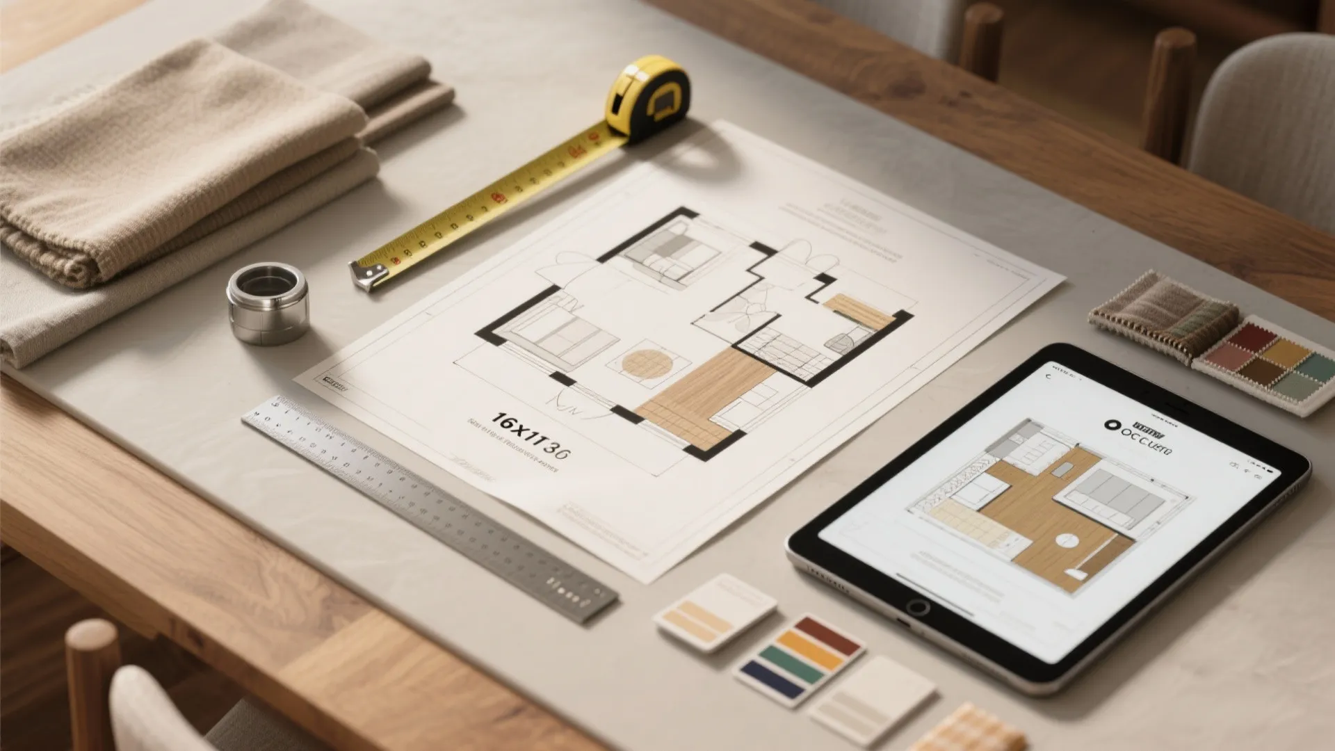Interior design drawing on a wooden desk with a yellow tape measure ruler and tablet