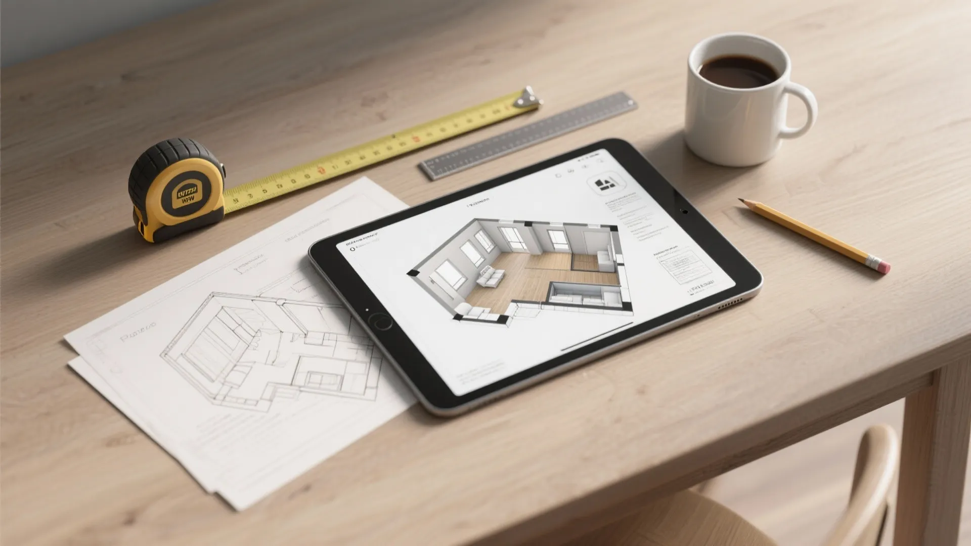 Tablet displaying a three dimensional room layout on a wooden desk with a measuring tape