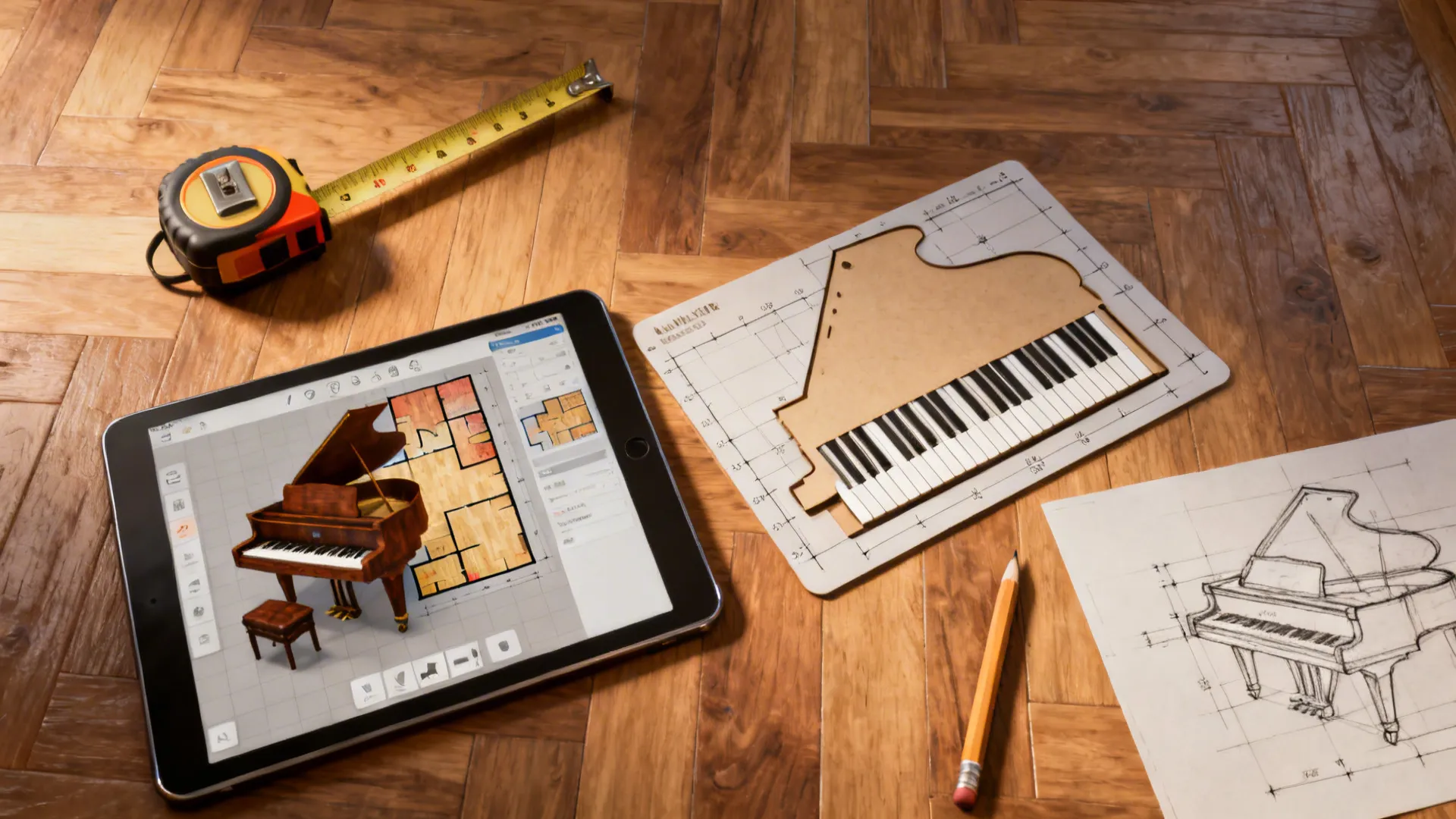 Tablet with 3D floor planner, tape measure and piano-shaped template for planning placement