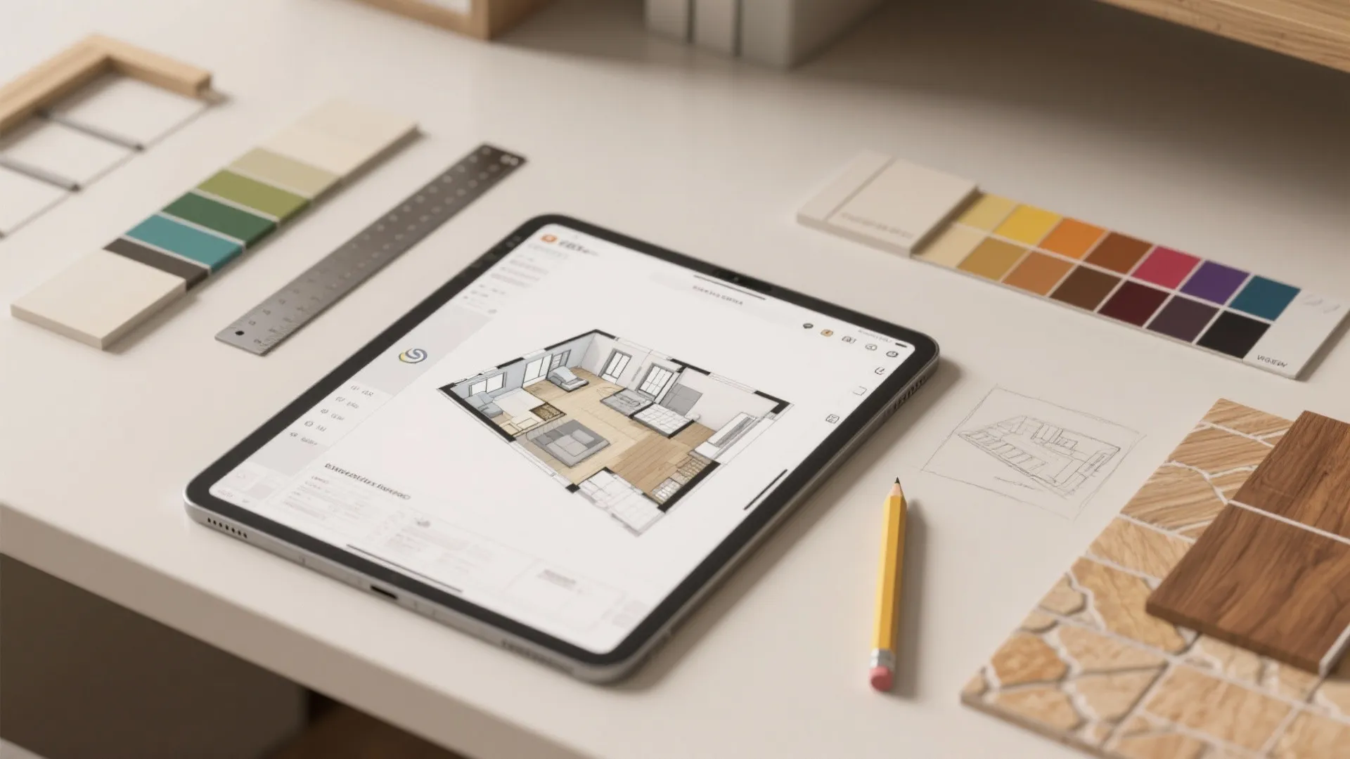 Top-down flatlay of a tablet with 3D floor plan, swatches and sketch tools