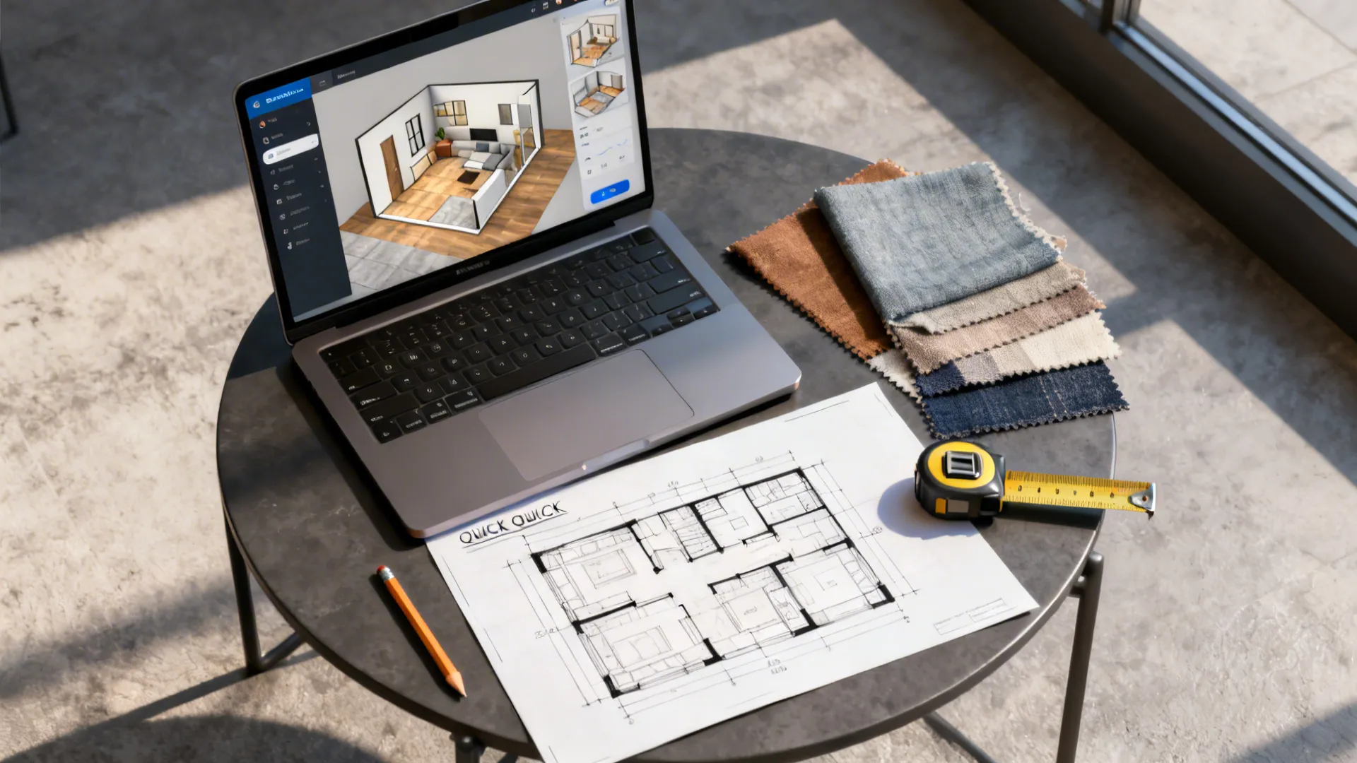 Top-down flatlay of a laptop with a 3D floor planner, printed sketch, measuring tape and fabric swatches.