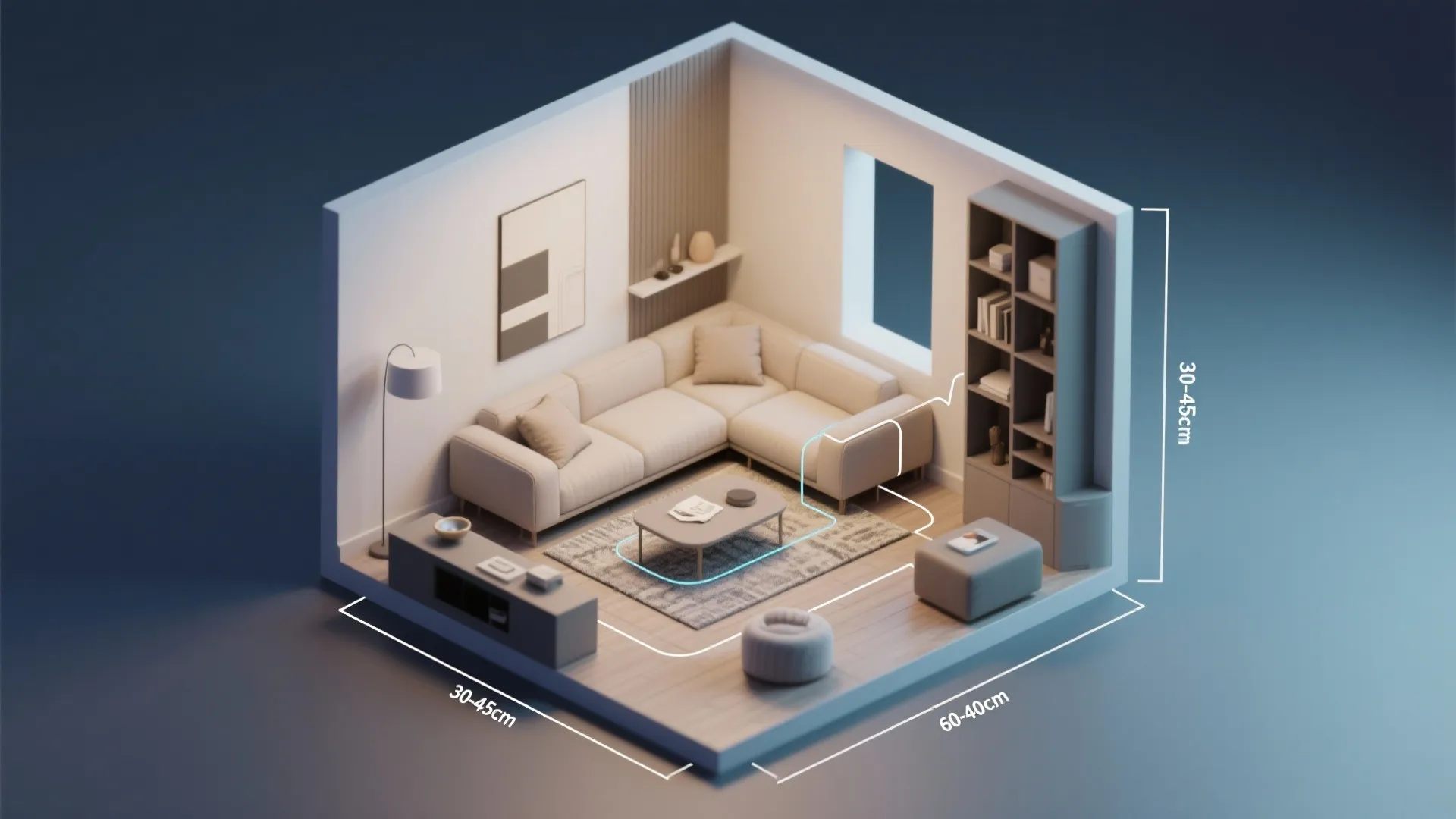 Interior design drawing of a small living room with sofa table cabinet and measurement labels