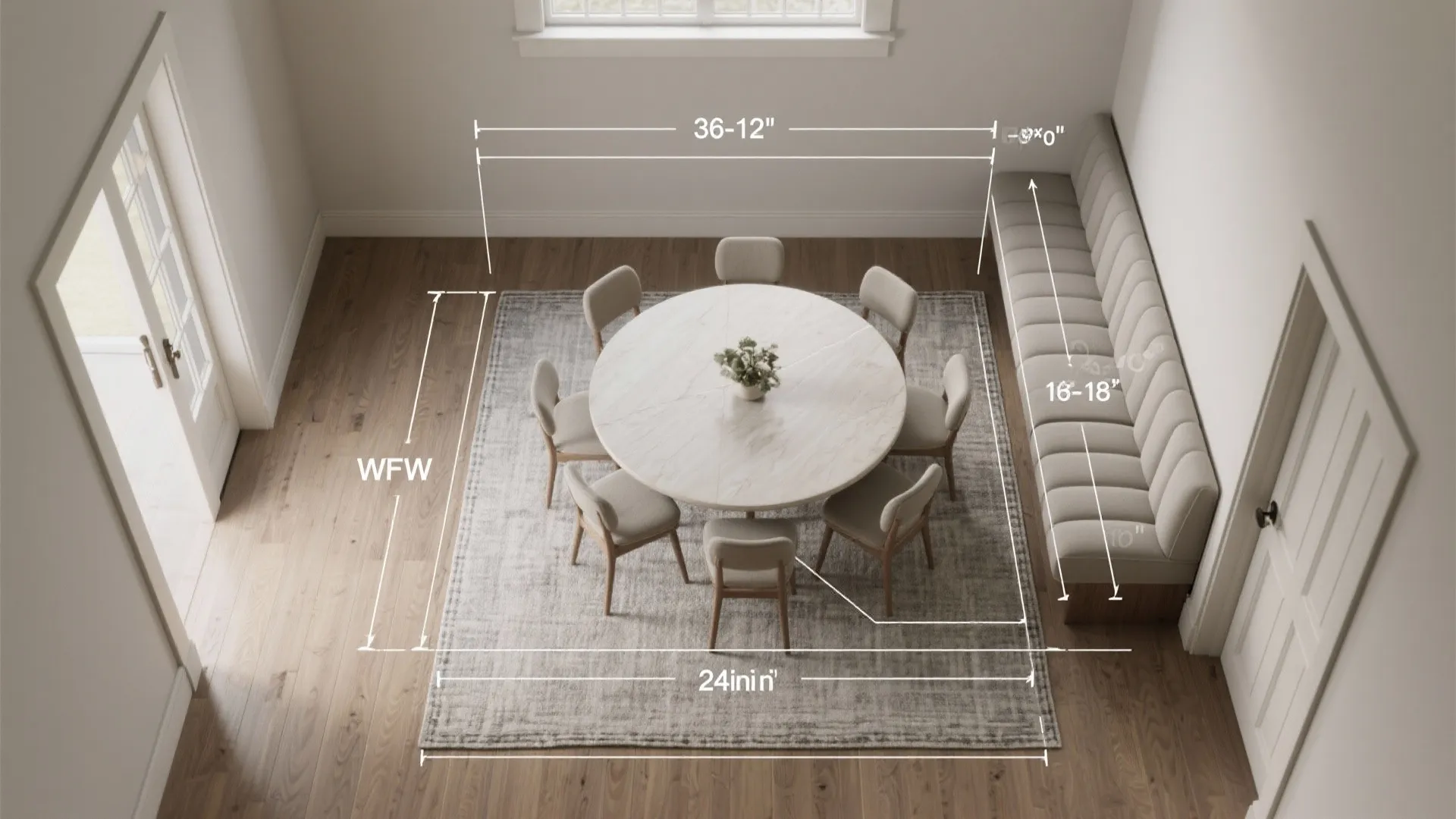 Interior design drawing with round table and long sofa showing room layout dimensions and measurements