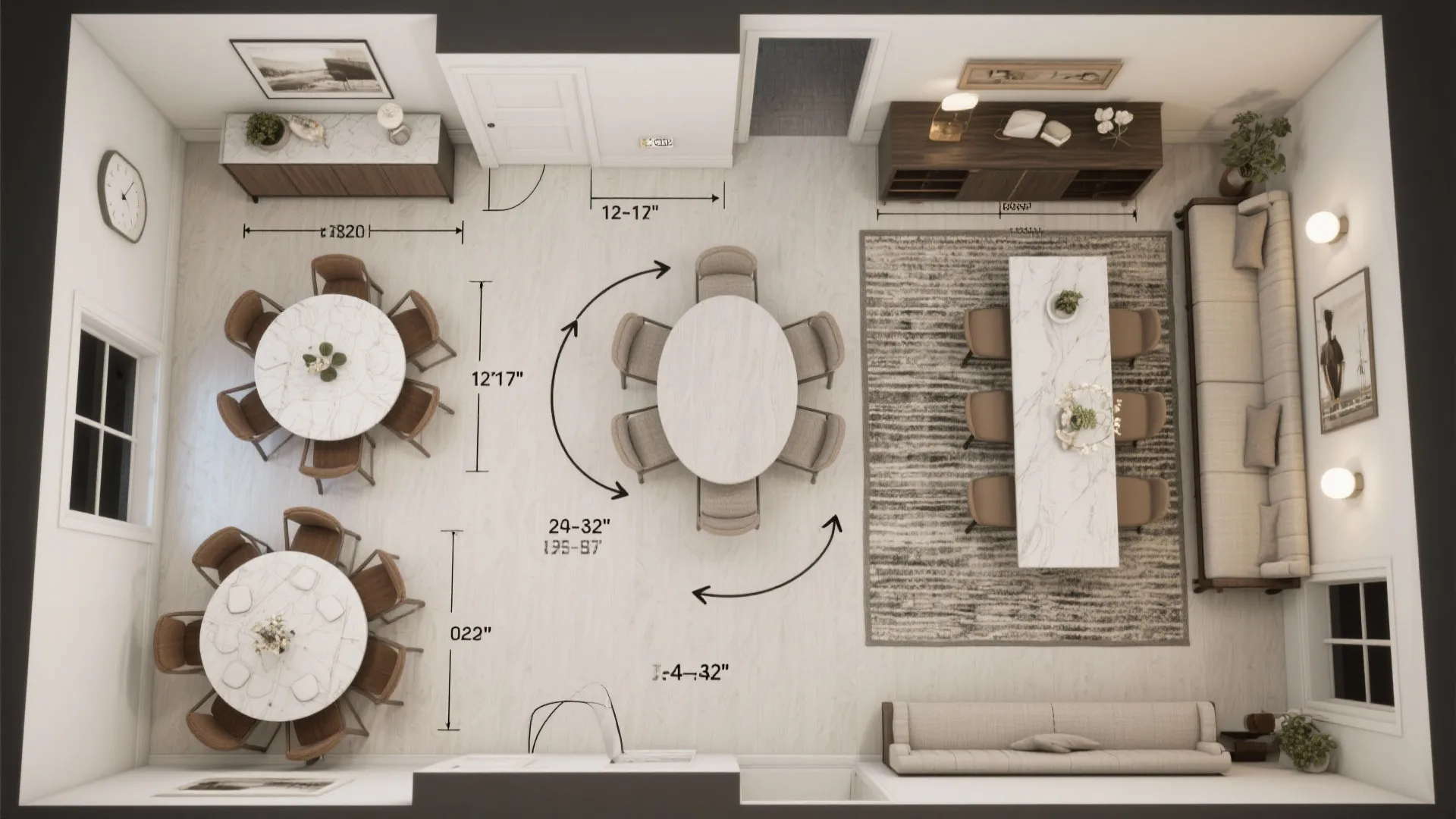 Top down interior design drawing showing room layout with multiple dining tables sofas and measurement notes
